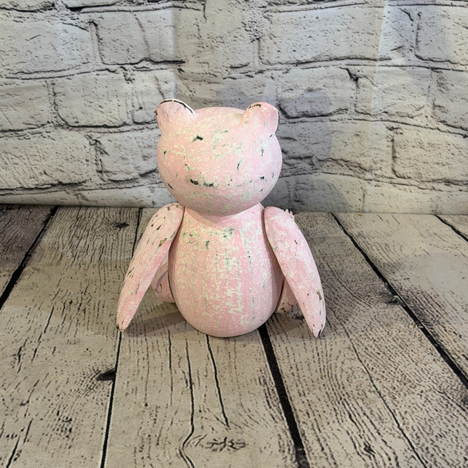 20cm Pink Teddy Bear Sitting Animal, Wooden Shelf Ornament Handmade & Fairtrade4