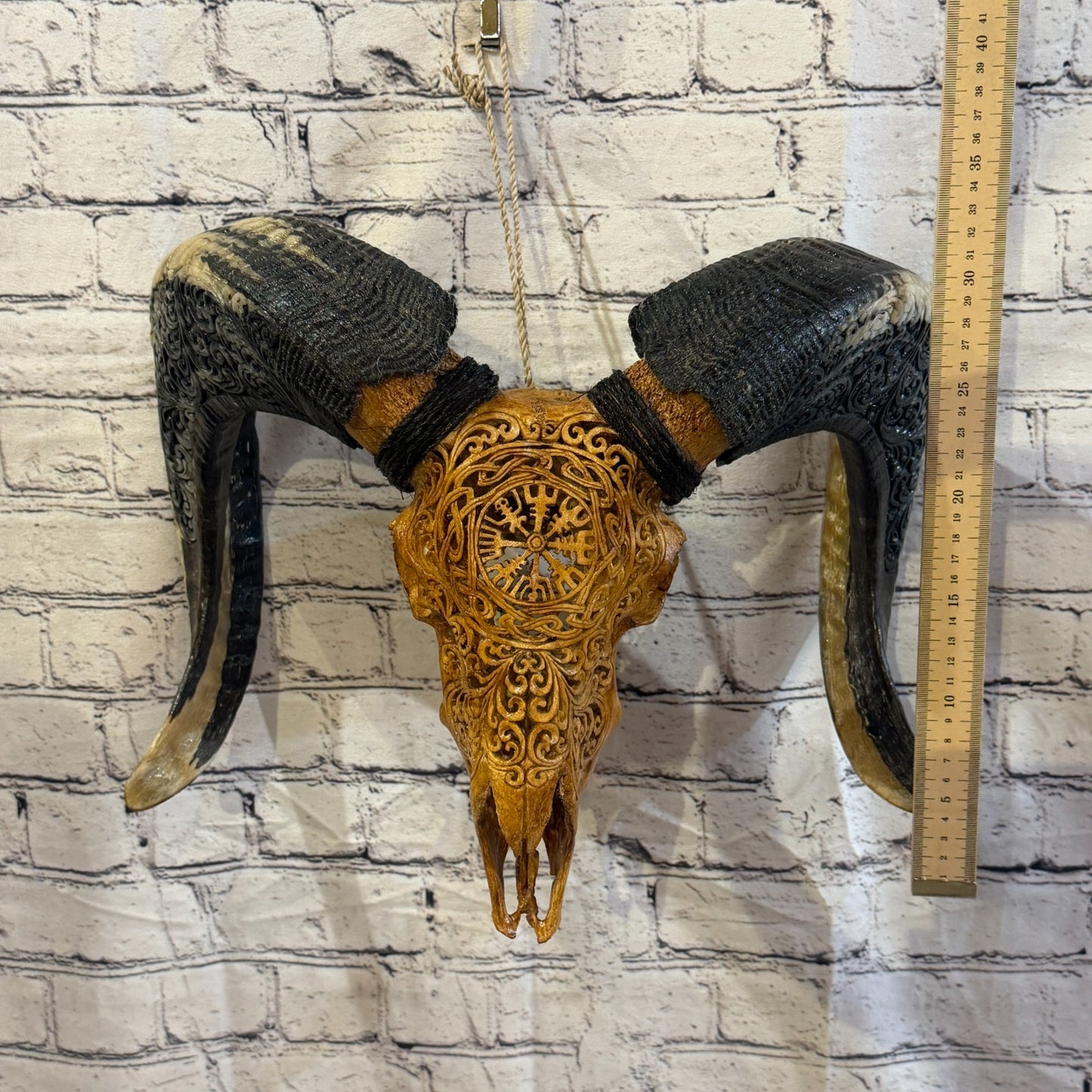 30cm Carved Buffalo Ram Wild Skulls Wall Hanging Carved With Stand Design 45