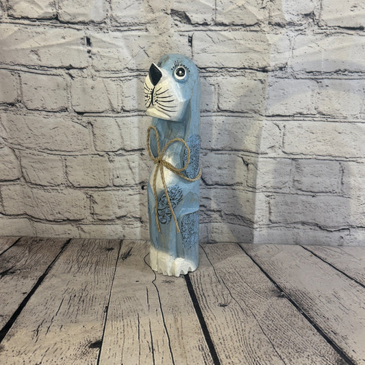 30cm Light Blue Wooden Shabby Dog Statue Ornament Fair Trade Handcarved0