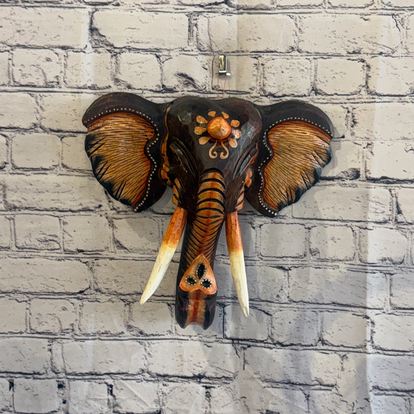 30cm x 30cm Brown Light Painted Wood Elephant Head Wall Mounted Art Shabby2
