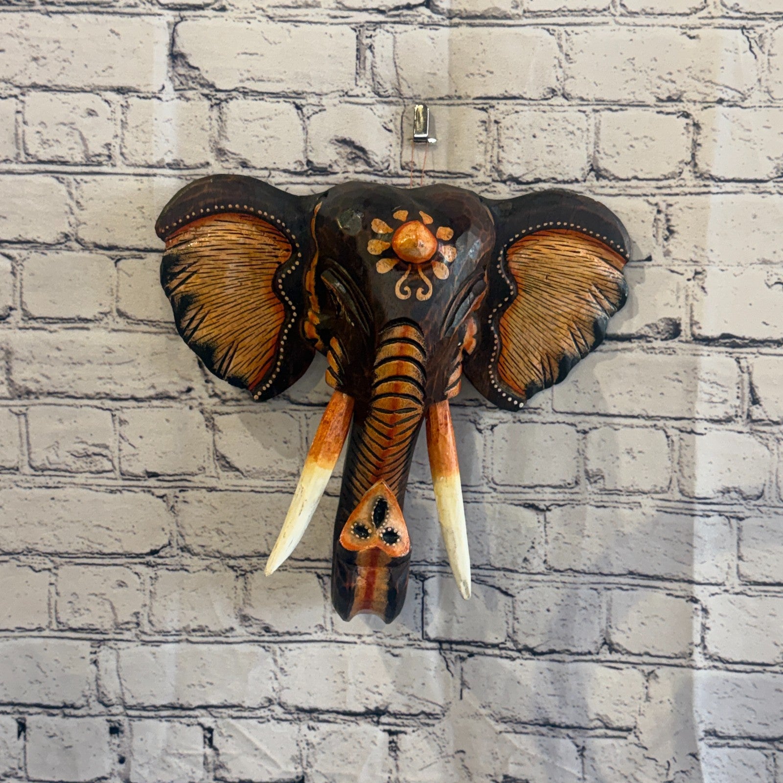 30cm x 30cm Brown Light Painted Wood Elephant Head Wall Mounted Art Shabby2