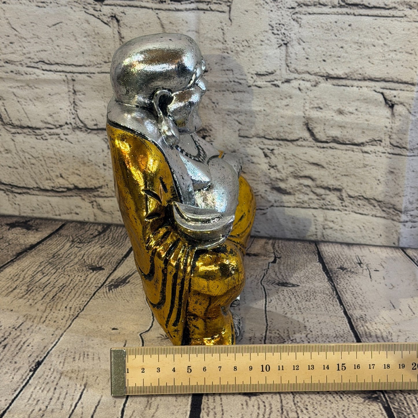 Silver And Gold 20cm x 20cm Large Chinese Buddha Sitting On Lotus Statue Resin7