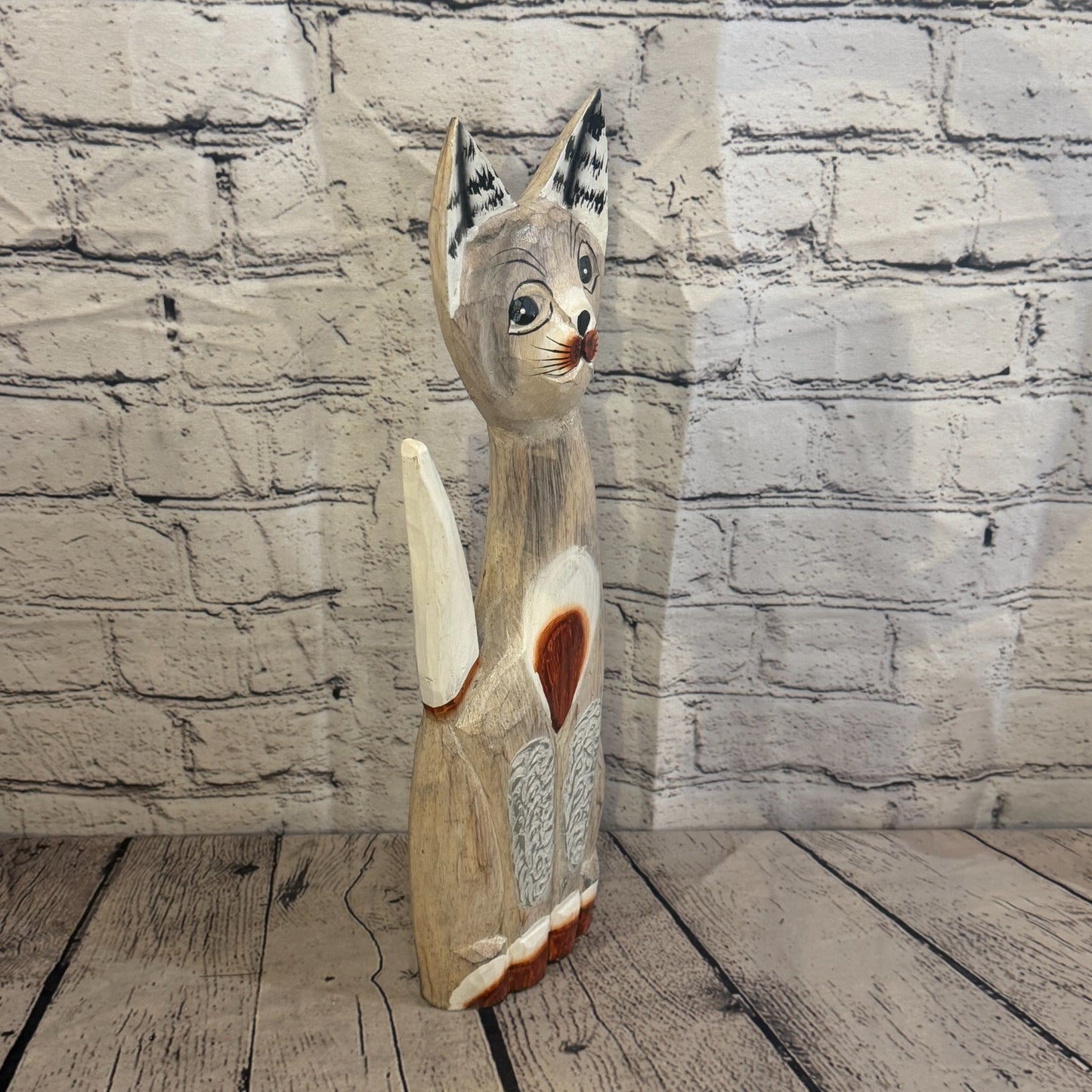 40cm White Dots Wooden Shabby Cat Statue Ornament Fair Trade Handcarved2