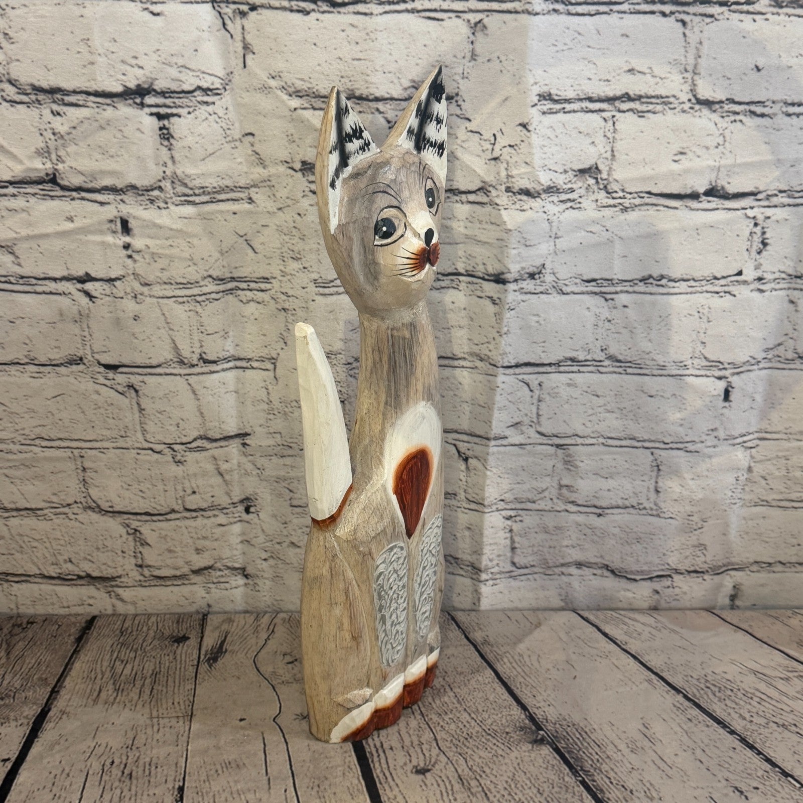 40cm White Dots Wooden Shabby Cat Statue Ornament Fair Trade Handcarved2