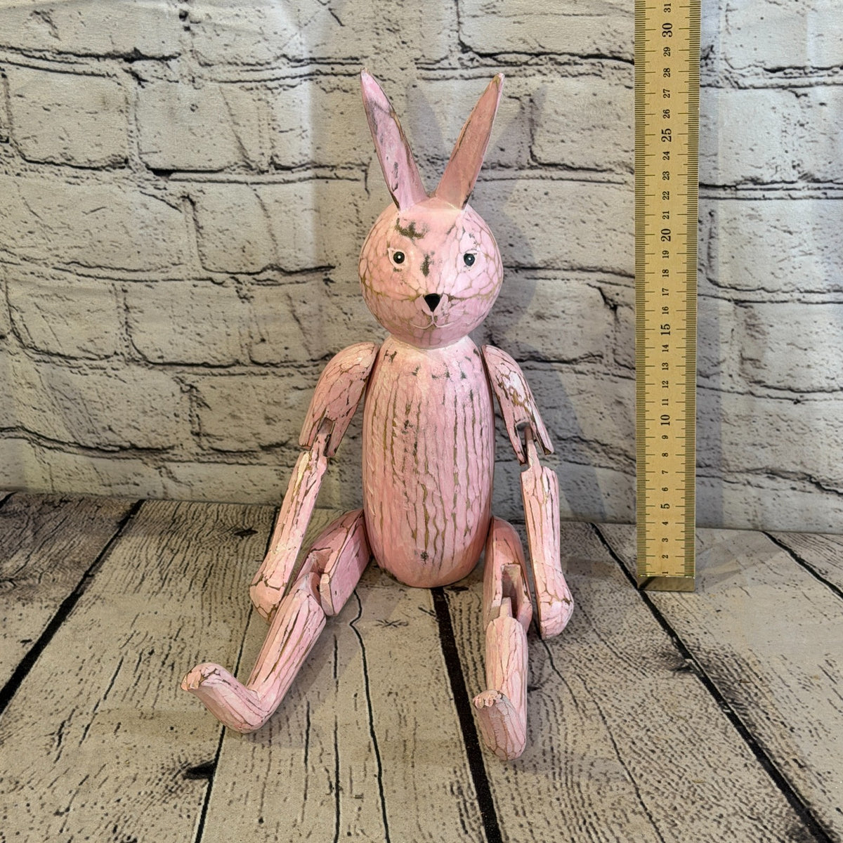 30cm Pink Bunny Rabbit Sitting Animal, Wooden Shelf Ornament Handmade Fairtrade5