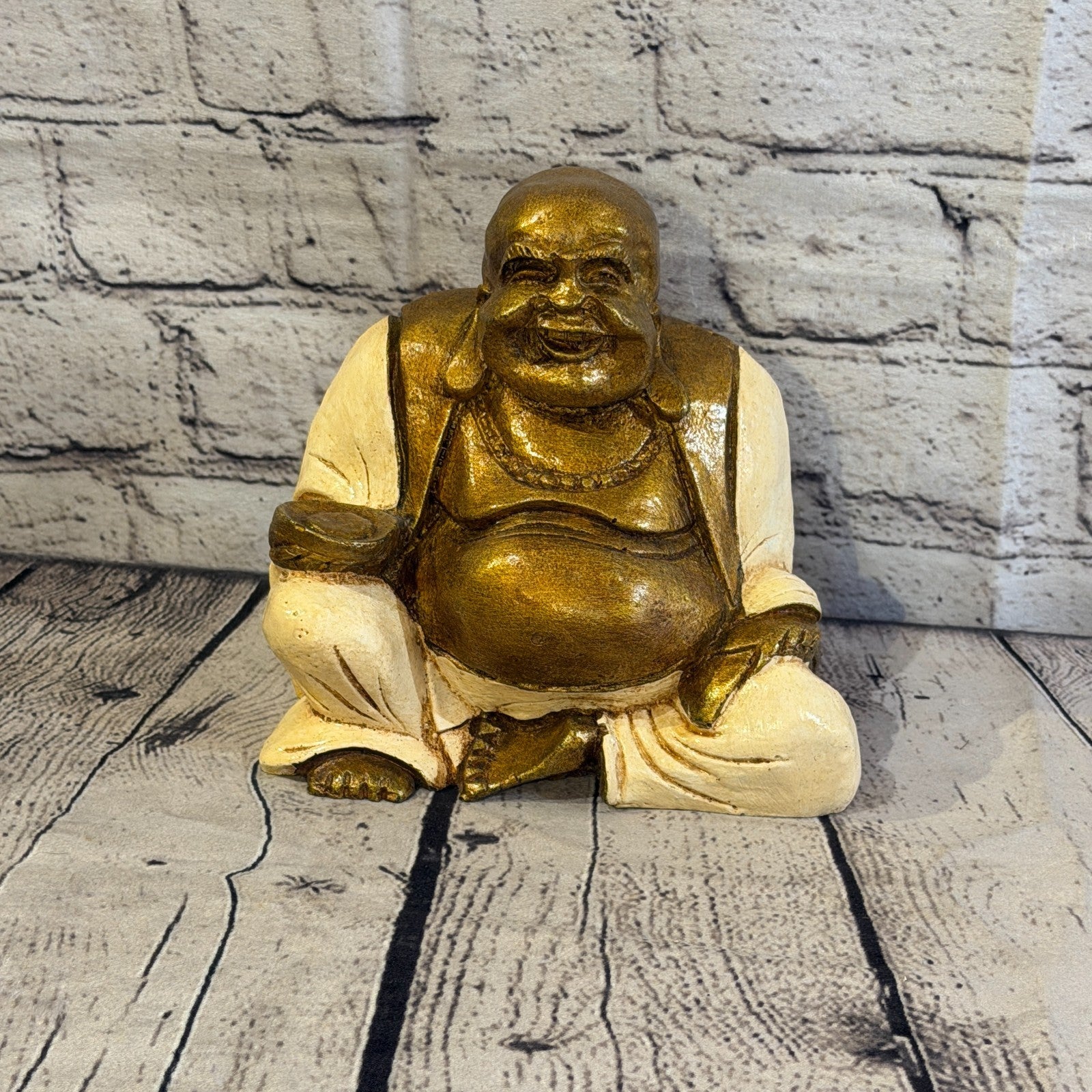 Cream & Bronze 15cm x 15cm Large Chinese Buddha Sitting On Lotus Statue Resin1
