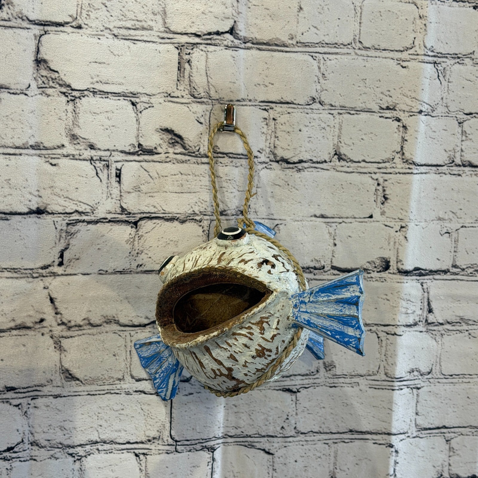 White Blue Fins Folk Art Painted Shark Fish Coconut Shell Ornaments Hanging8