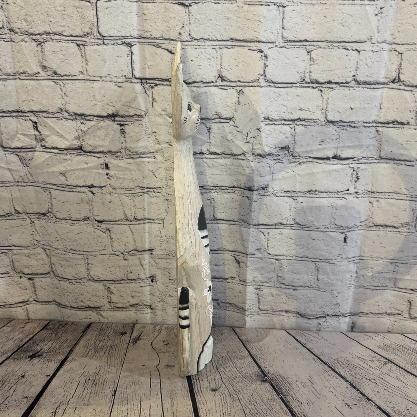 50cm White Flower Wooden Shabby Cat Statue Ornament Fair Trade Handcarved3