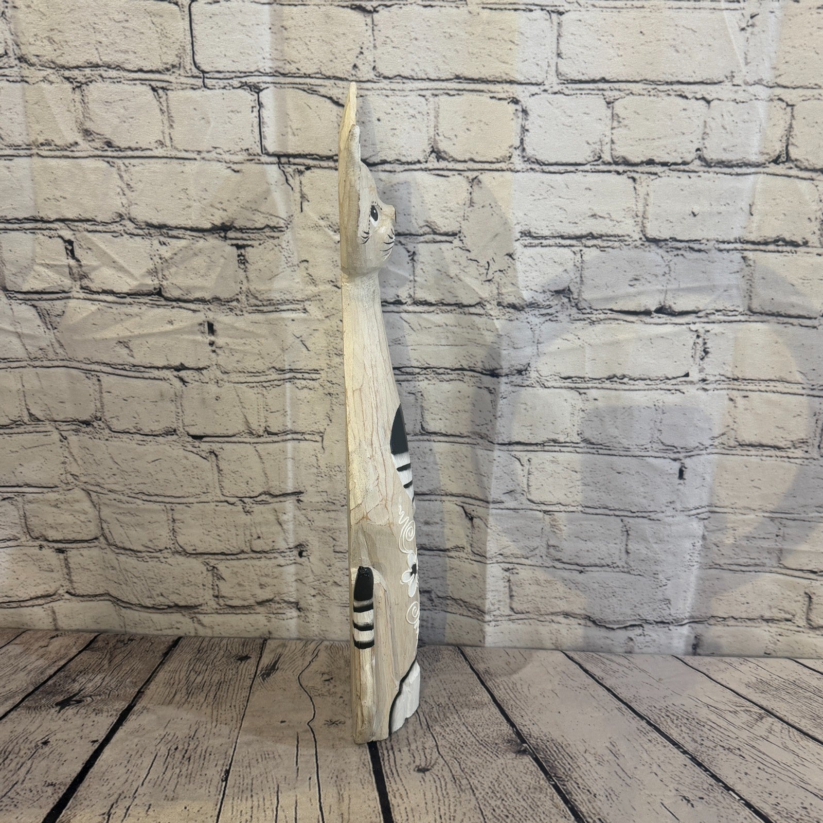 50cm White Flower Wooden Shabby Cat Statue Ornament Fair Trade Handcarved3