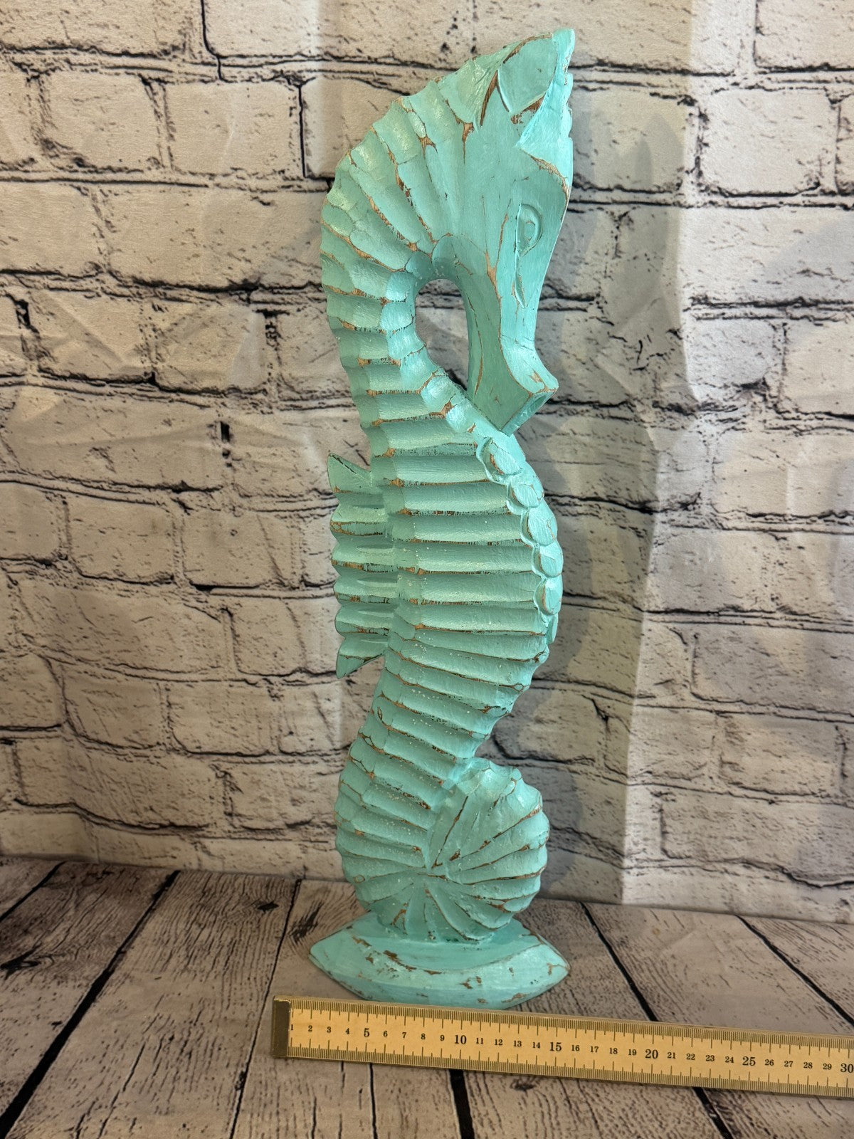 50cm Green Teal Wooden Shabby Seahorse Statue Ornament Fair Trade Handcarved6