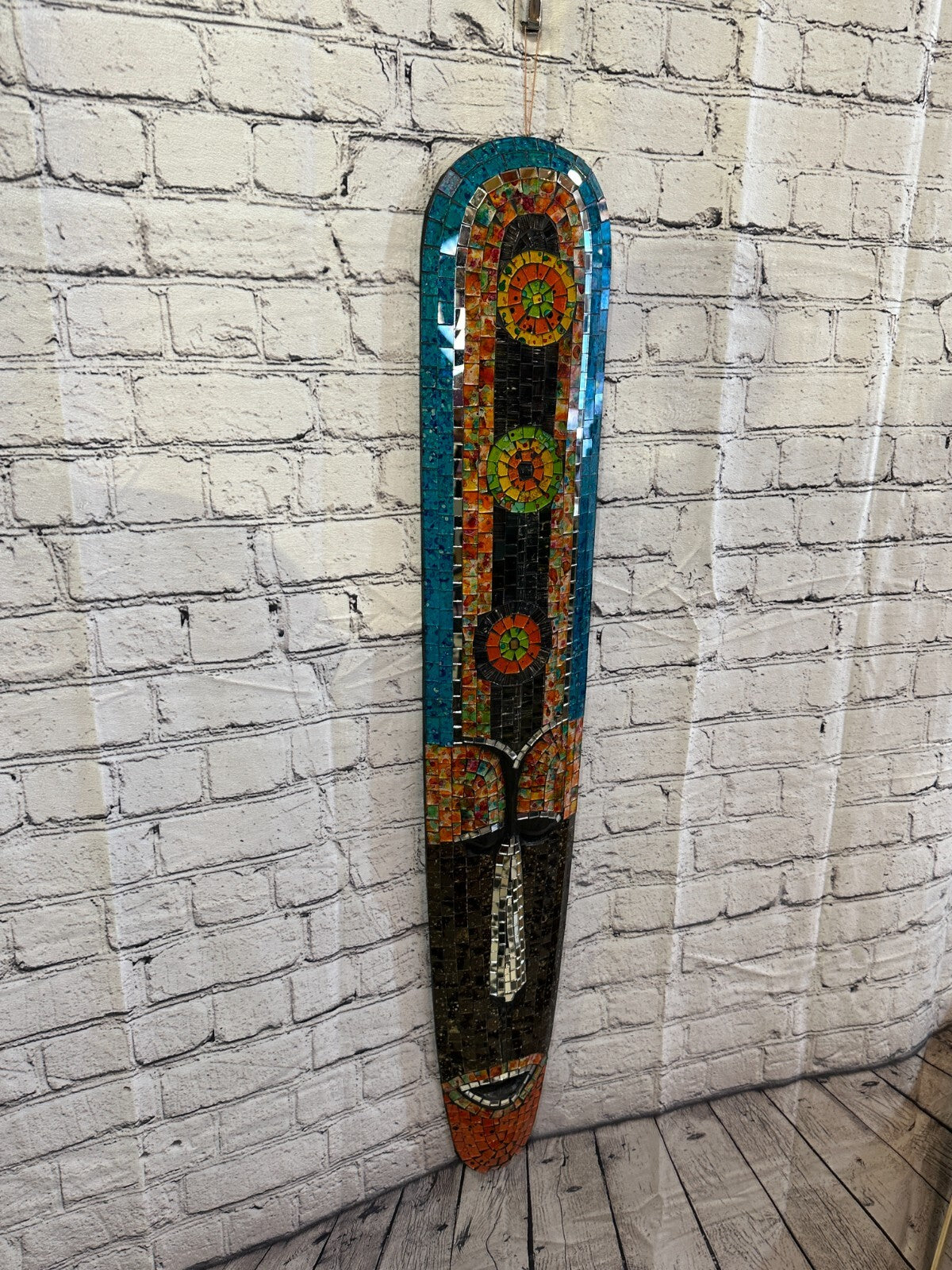 100cm Mosaic Mirror Mask Carved Painted Ethnic Tribal Wall Art Handmade Design 30