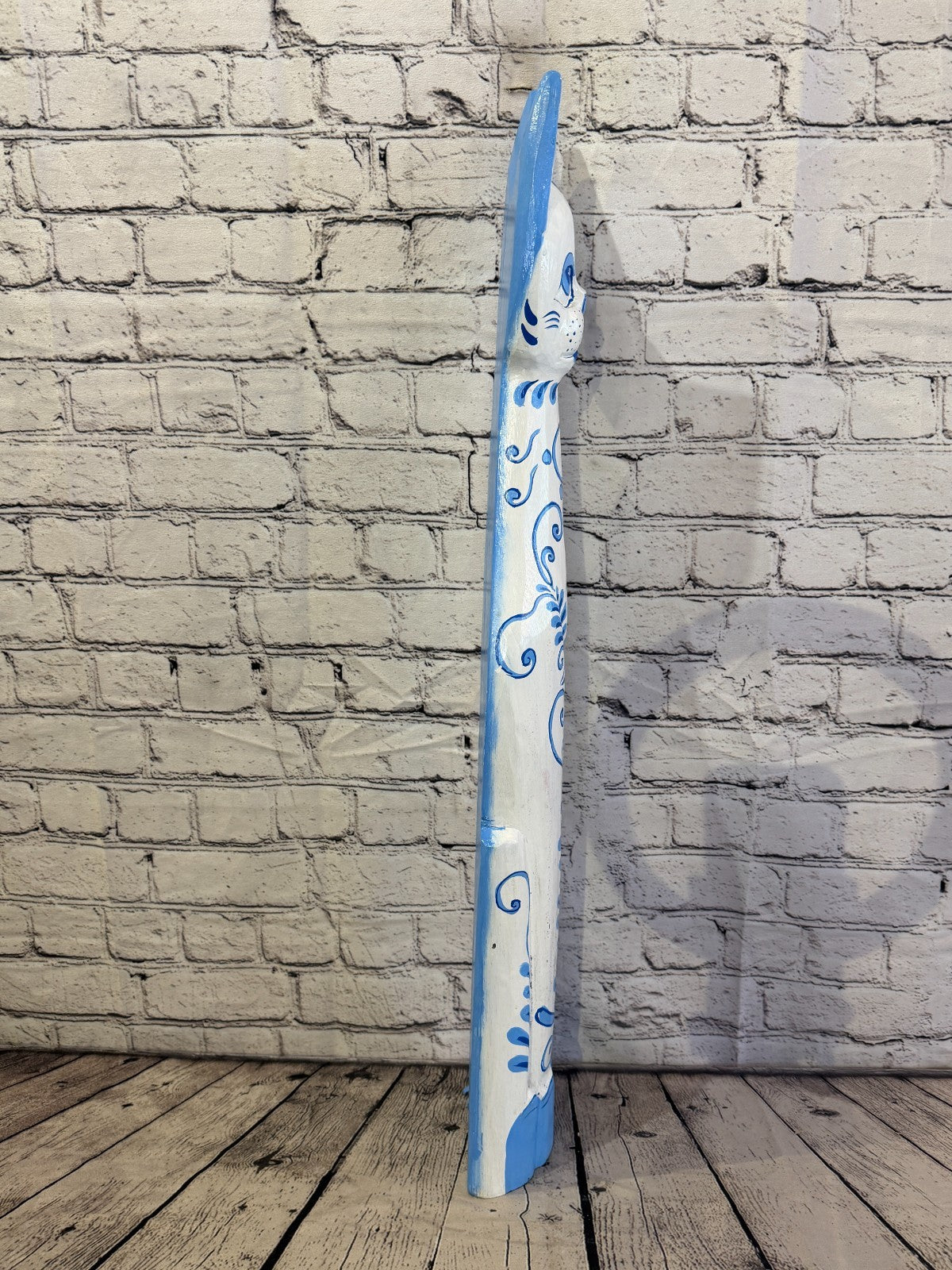 80cm Blue White Flower Wooden Shabby Cat Statue Ornament Fair Trade Handcarved3