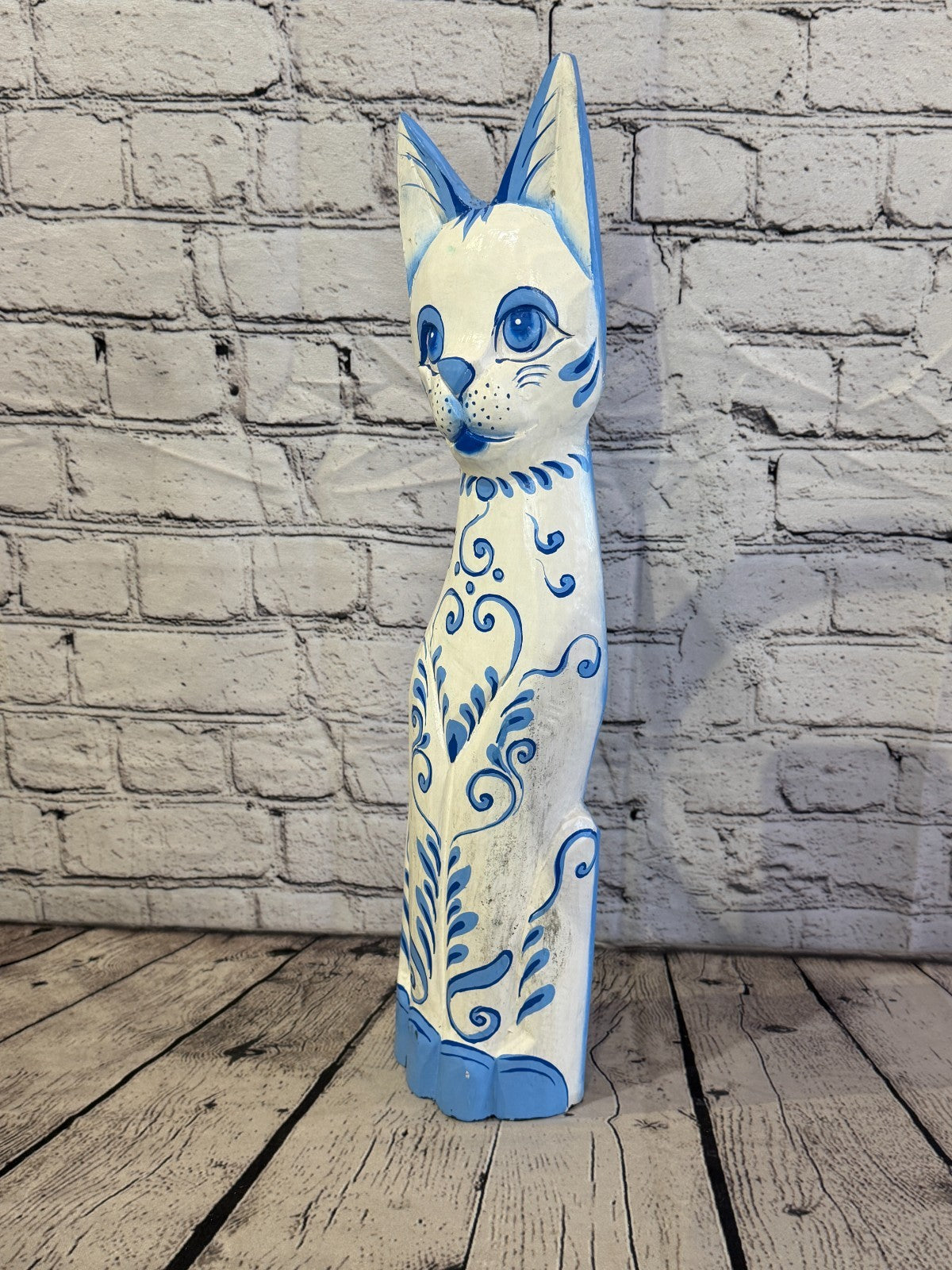50cm Blue White Flower Wooden Shabby Cat Statue Ornament Fair Trade Handcarved1