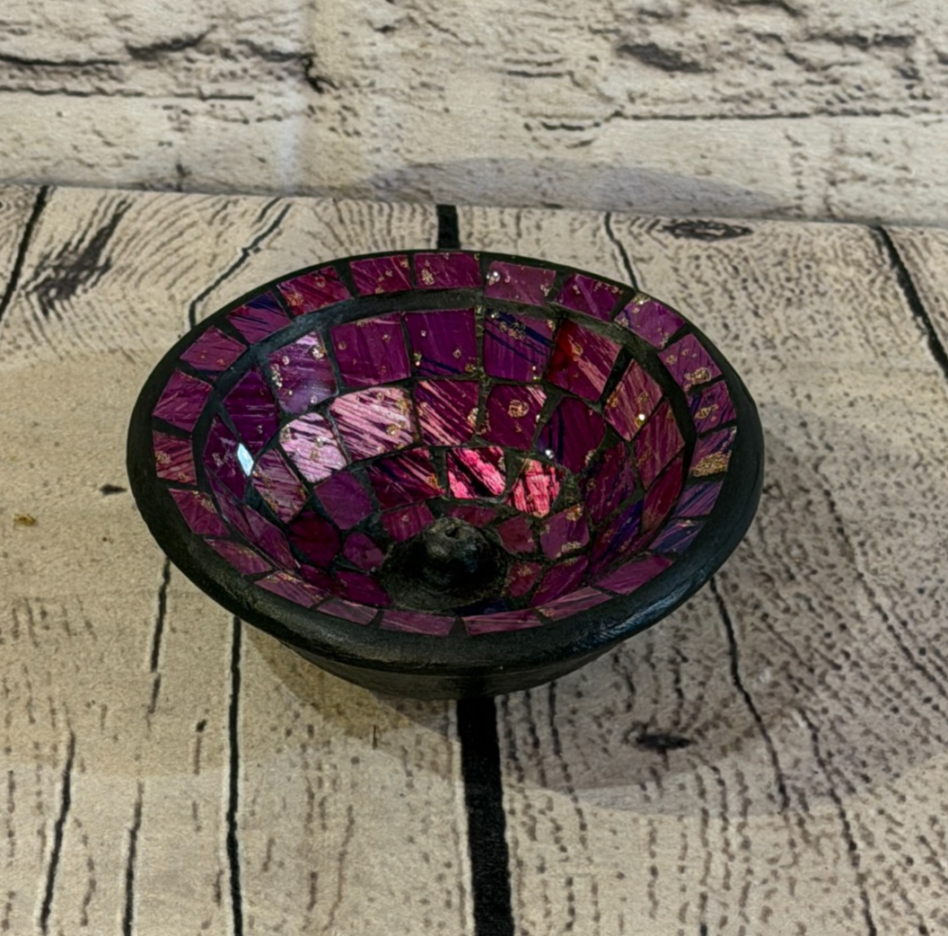 Light Purple Small 12cm Round Mosaic Pottery Incense Holder Burner Detail0