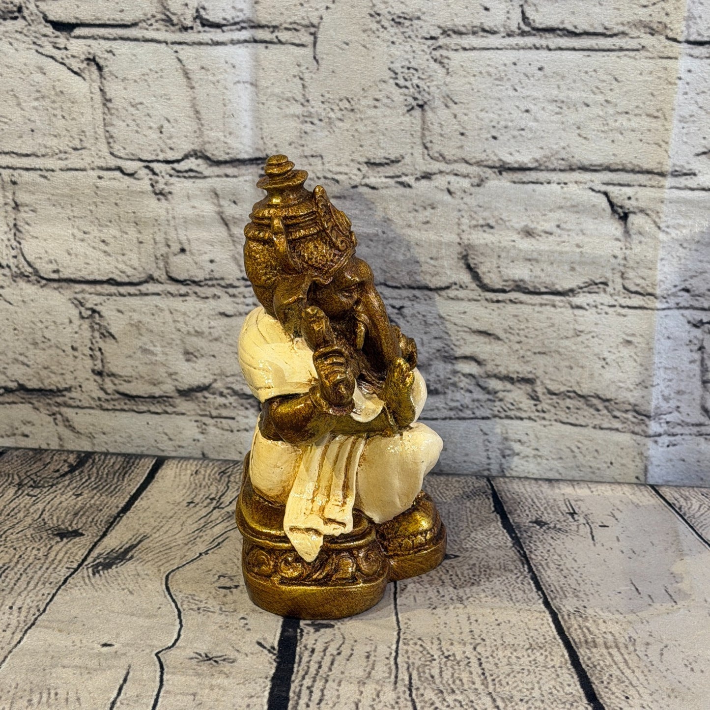 Cream & Bronze 18cm Large Ganesh Ganesa Sitting On Lotus Statue Resin Hindu3