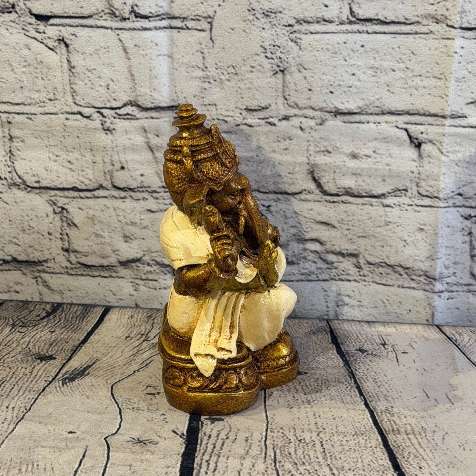 Cream & Bronze 18cm Large Ganesh Ganesa Sitting On Lotus Statue Resin Hindu3