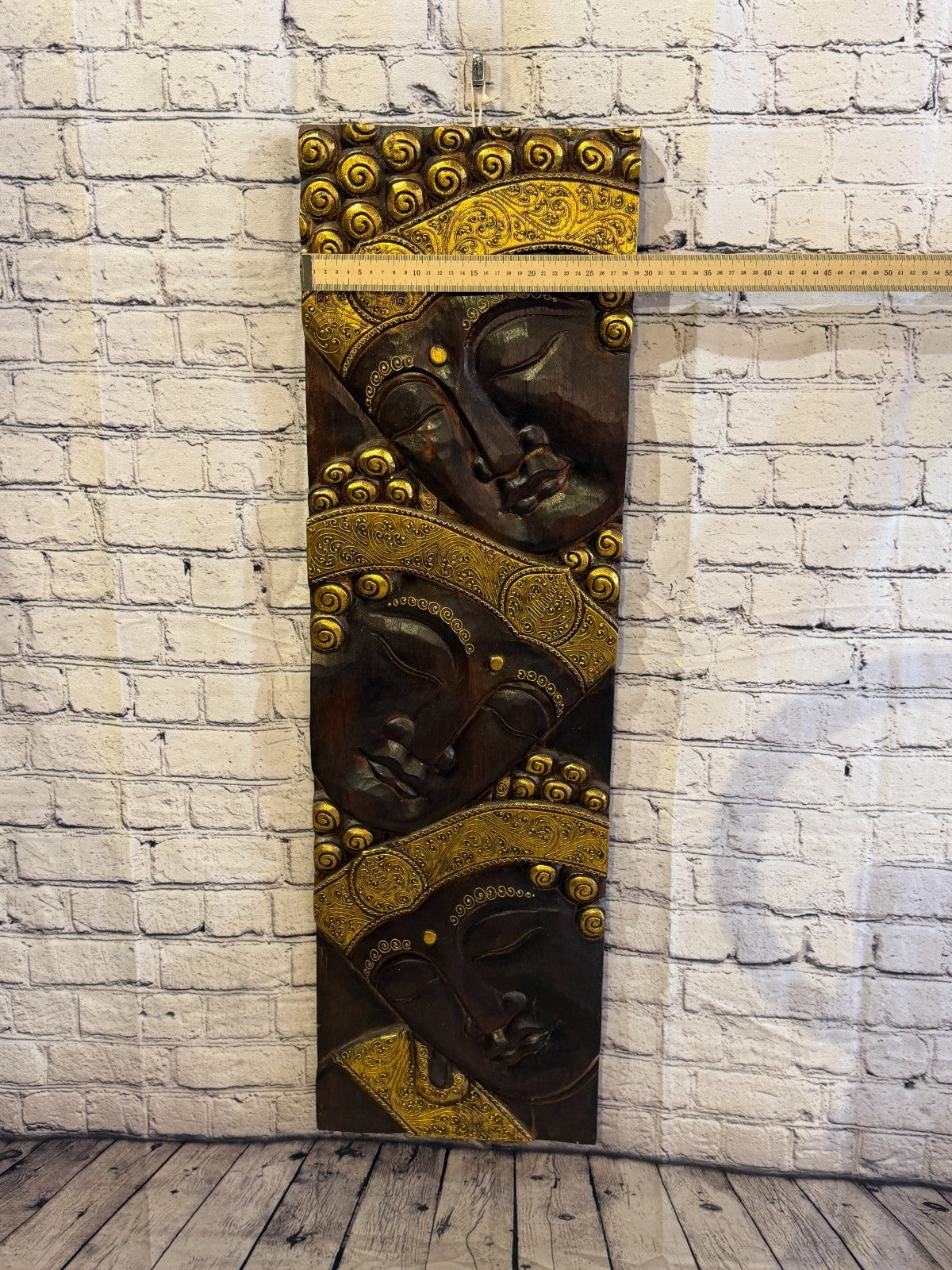 100cm x 30cm Gold Brown 3 Buddha Wall Art Plaque Handcarved Wooden Wood Panel3