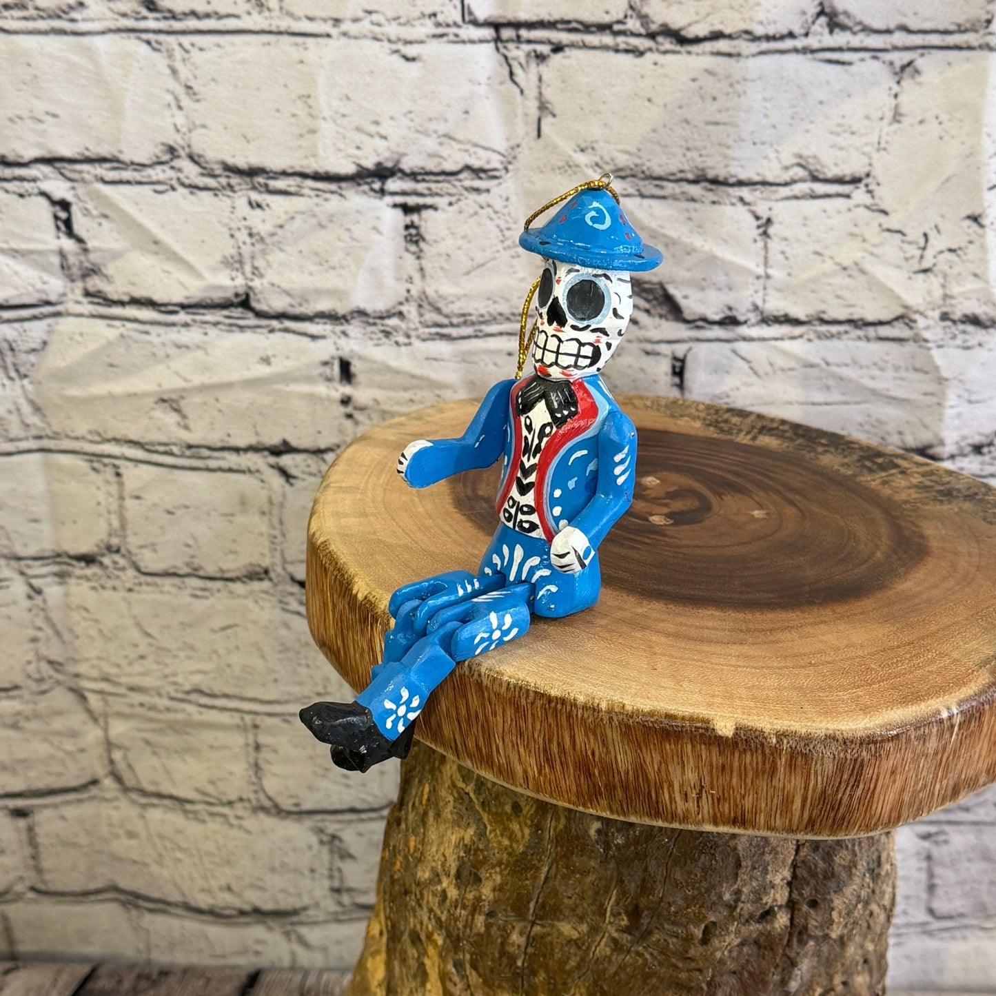 10cm Blue Day Of The Dead Man Sitting Animal, Wooden Shelf Ornament Fairtrade8