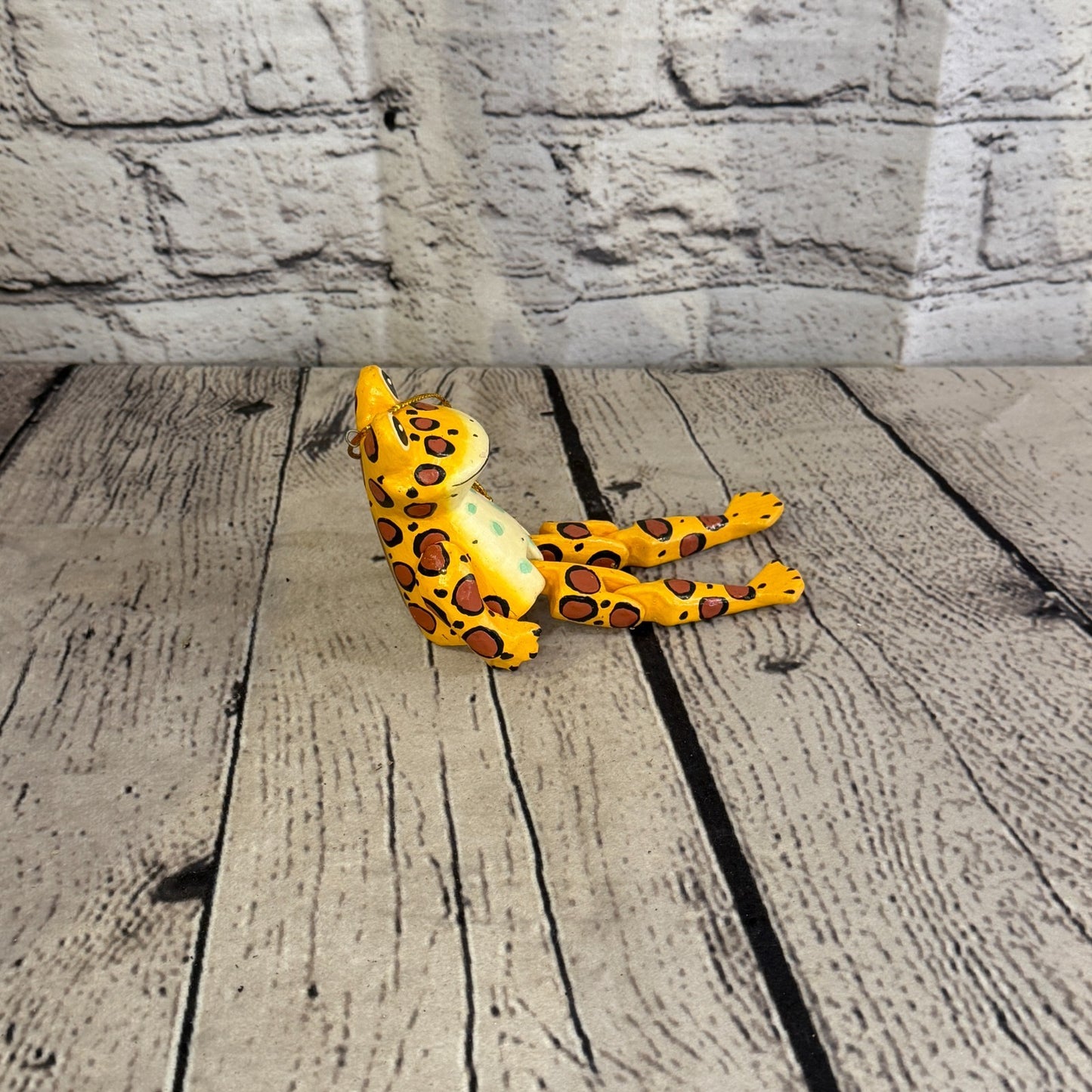 10cm Yellow Frog Sitting Animal, Wooden Shelf Ornament Handmade Fairtrade3