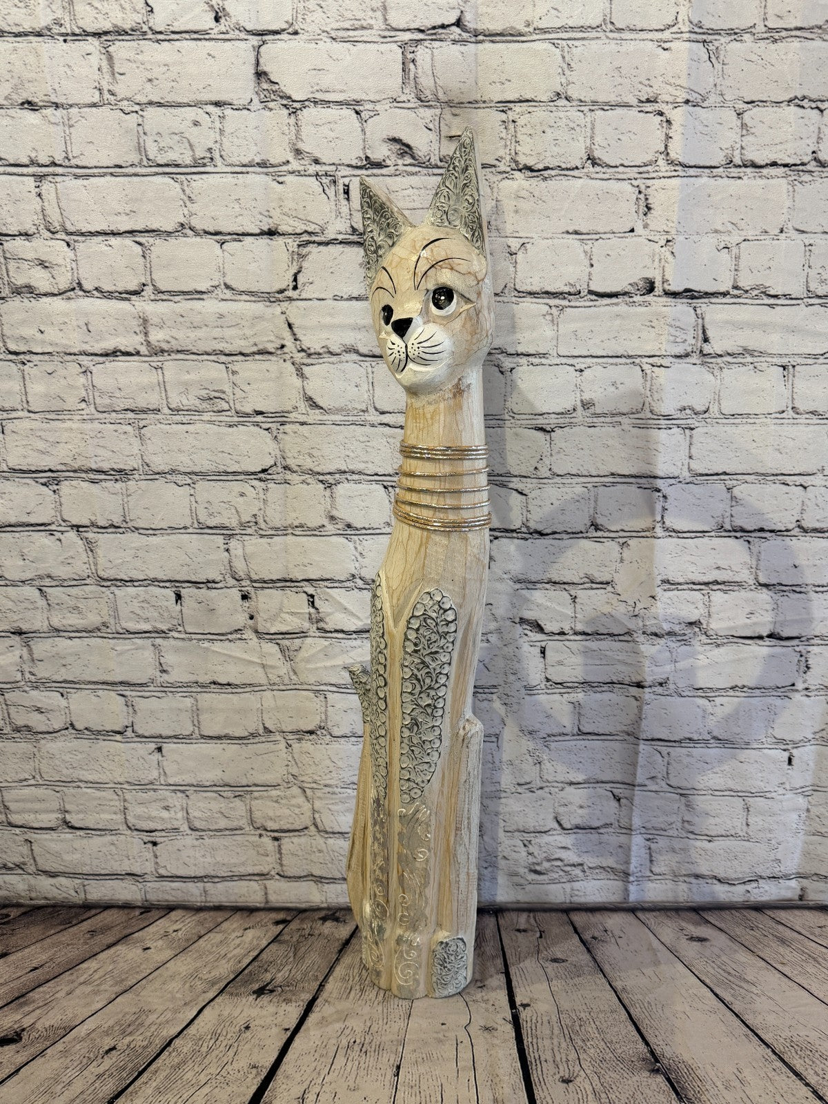 80cm White Silver Dots Wooden Shabby Cat Statue Ornament Fair Trade Handcarved1
