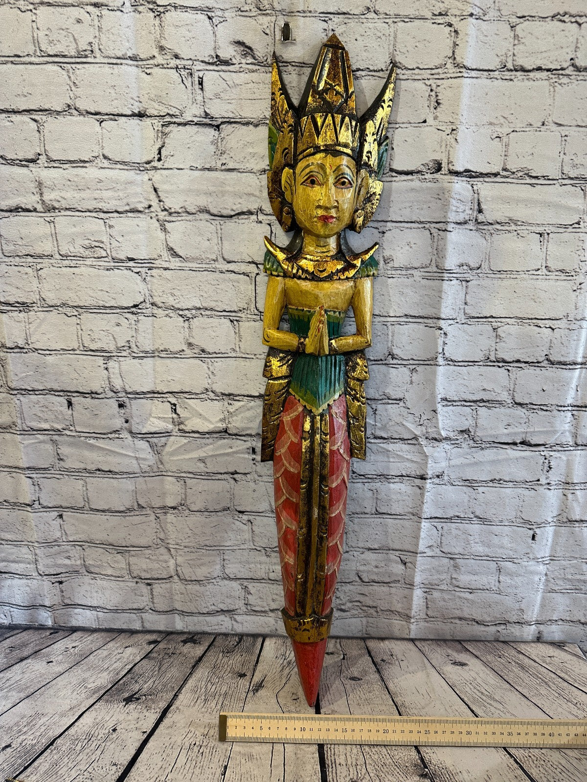 Old Antique Colour Sita Dewi Bali Rice Goddess Wings Mermaid Wood 80cm Pair6