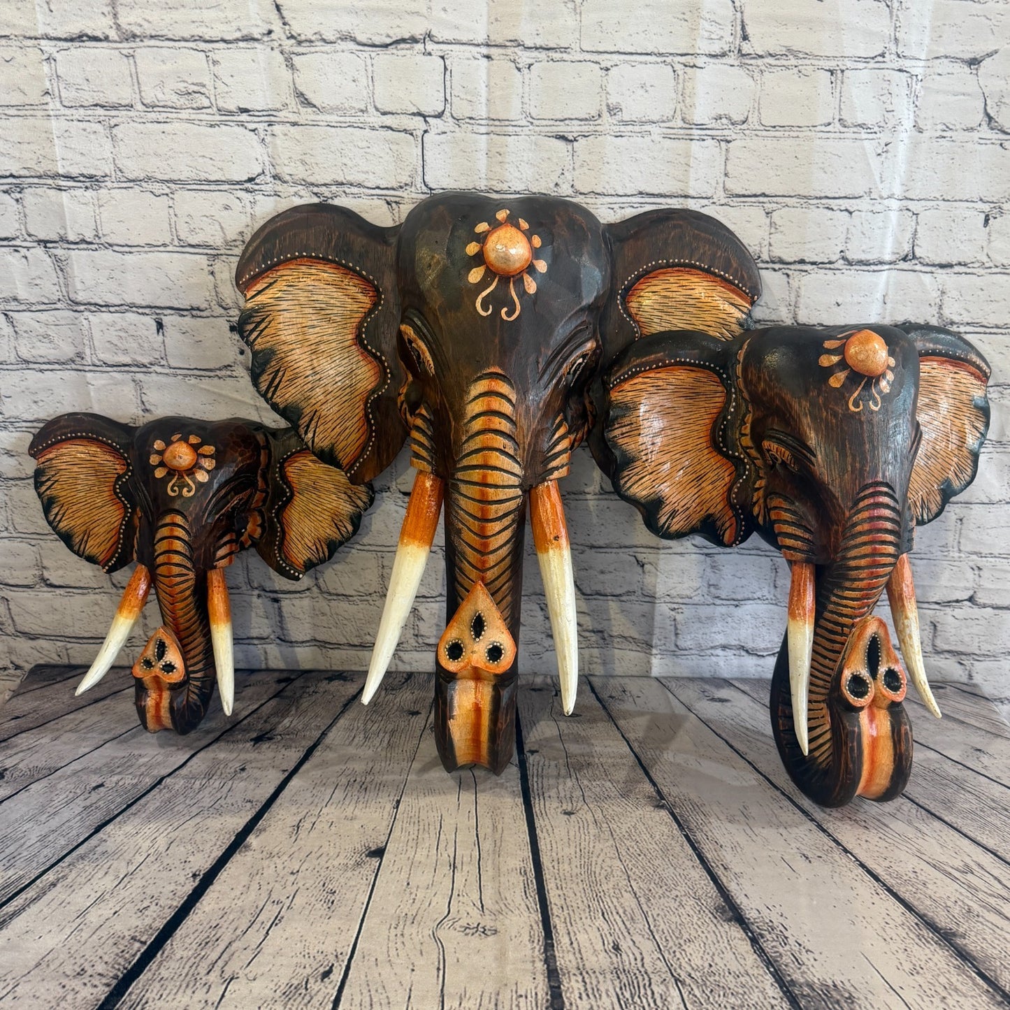 30cm x 30cm Brown Light Painted Wood Elephant Head Wall Mounted Art Shabby7