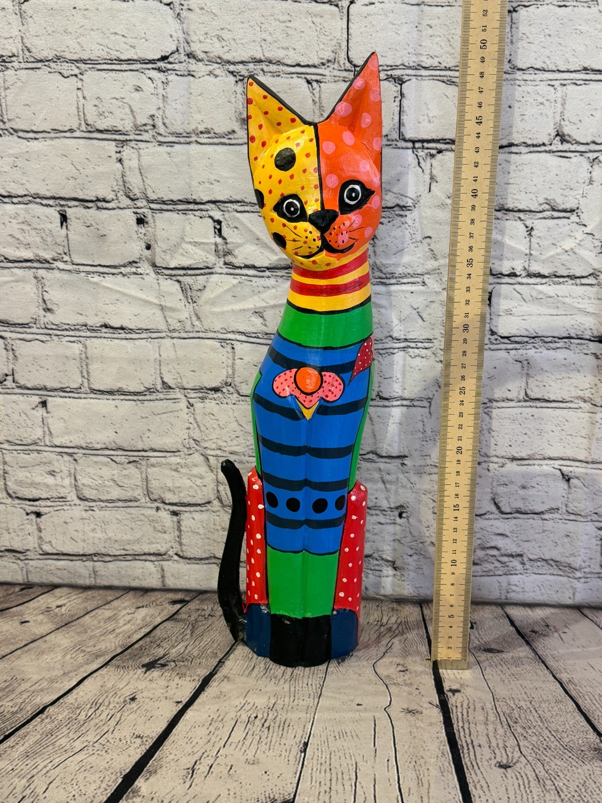 50cm Bright Mix Flower Wooden Shabby Cat Statue Ornament Fair Trade Handcarved5