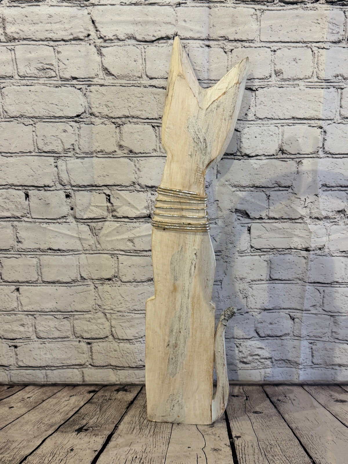60cm White Silver Dots Wooden Shabby Cat Statue Ornament Fair Trade Handcarved4