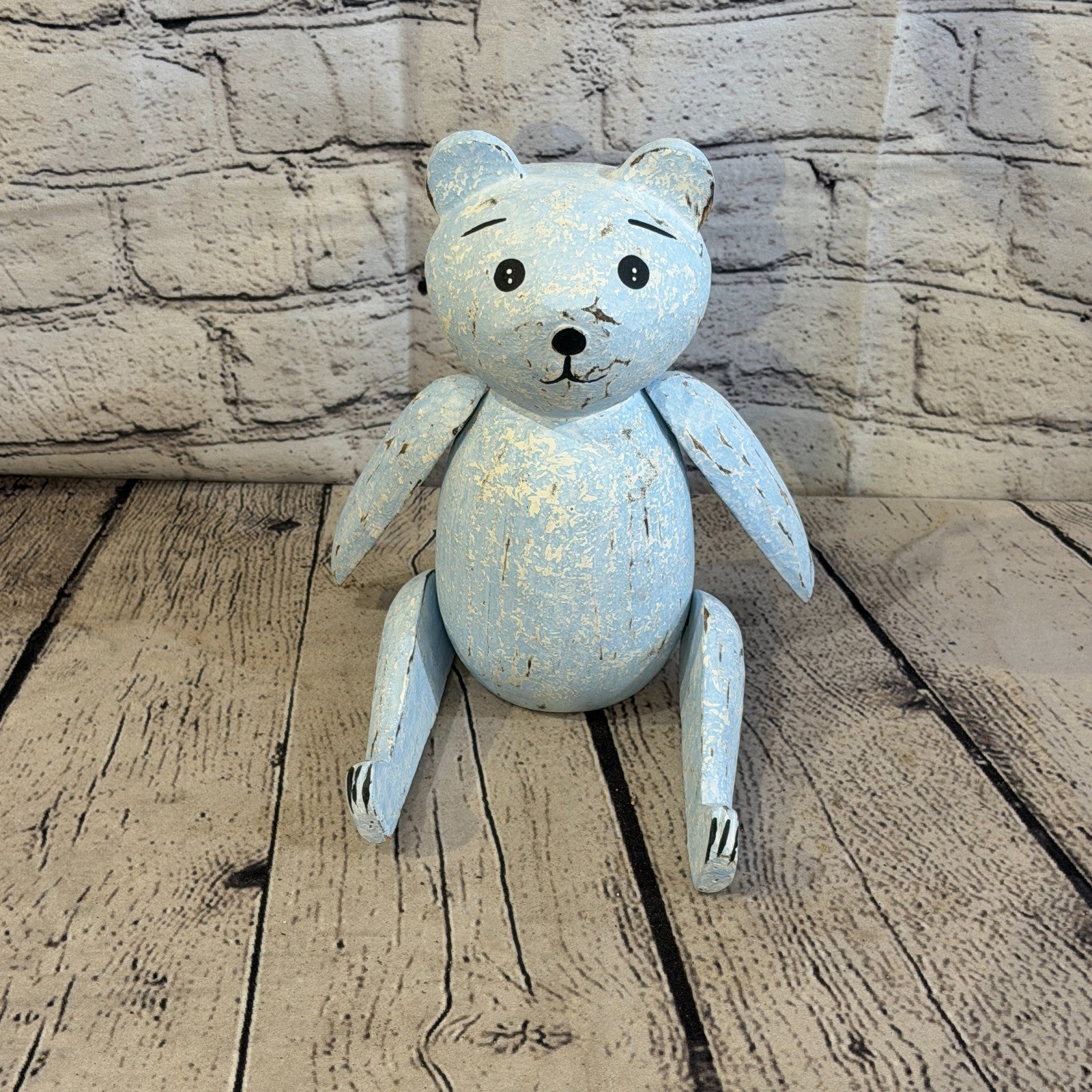 20cm Blue Teddy Bear Sitting Animal, Wooden Shelf Ornament Handmade & Fairtrade1