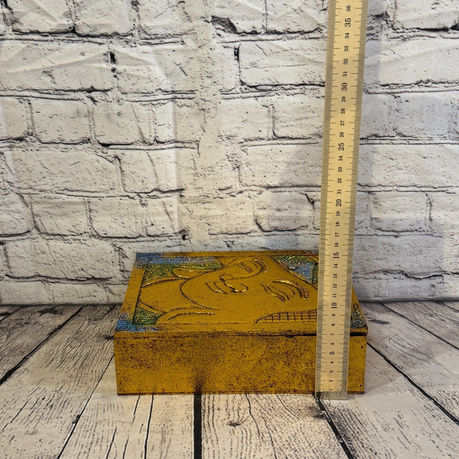 Bright Gold Thai Buddha Head Edge 25cm x 18cm x 7cm Wooden Box Trinket Handmade6