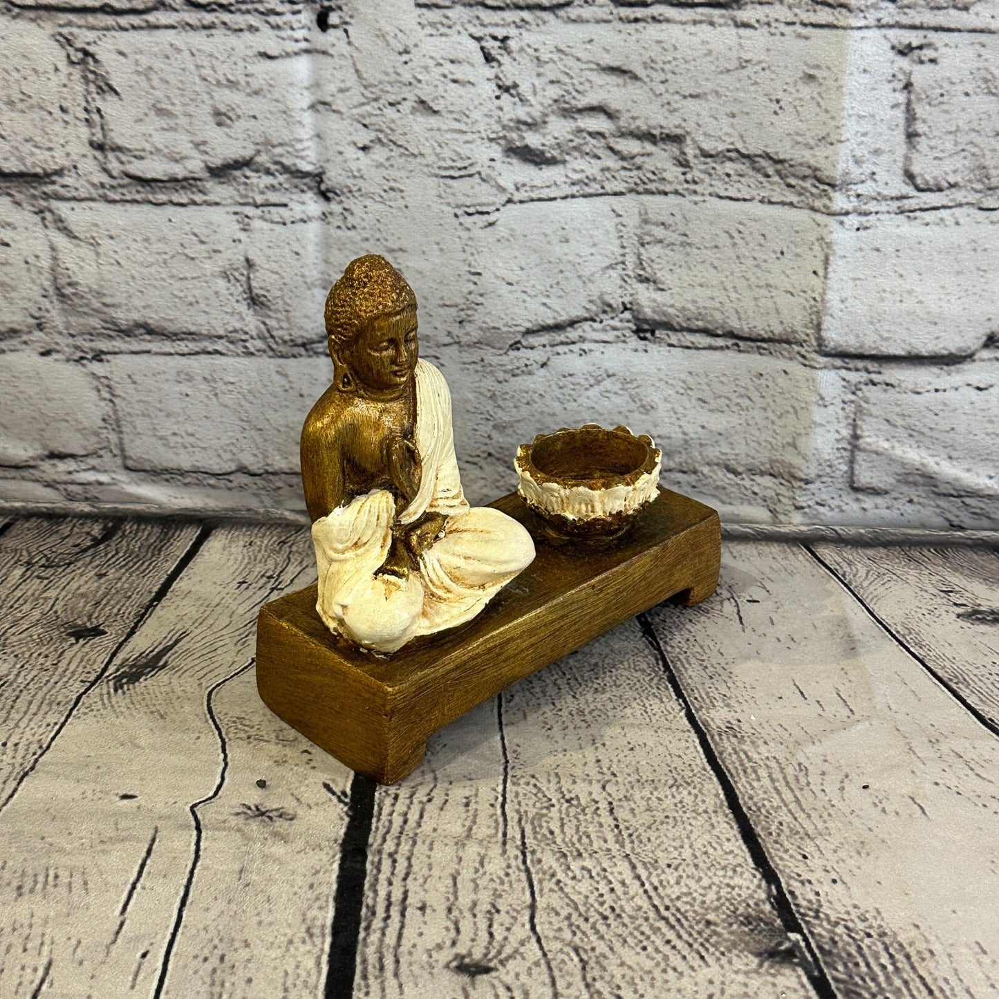 White & Bronze 15cm x 15cm Thai Buddha Tea Light Holder Statue Resin Hindu2