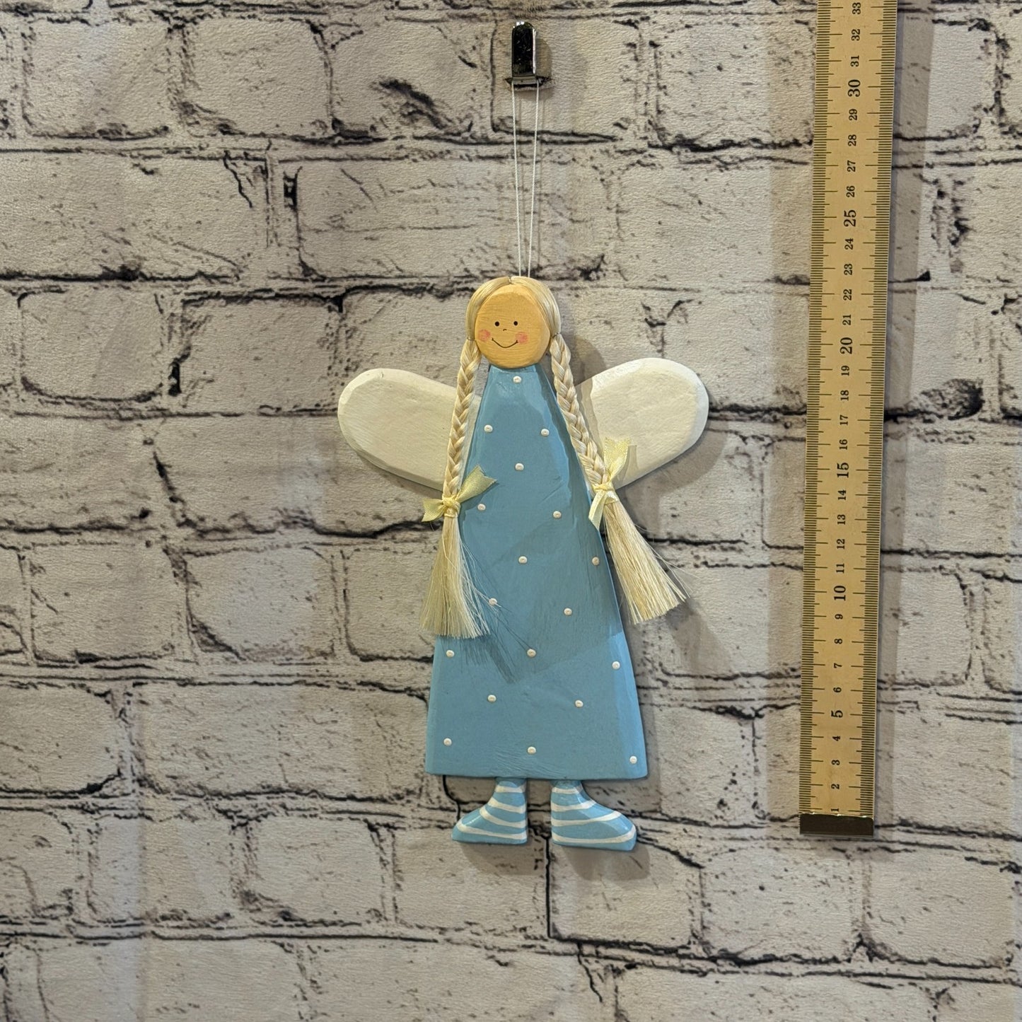 25cm Blue Wall Hanging Angel Figurine Folk Art Wood Fabric Baltic Handmade6