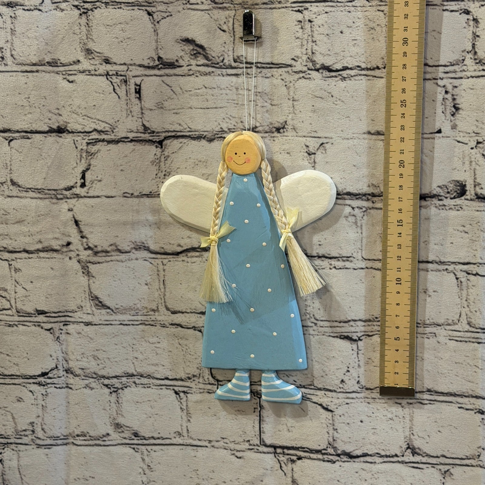 25cm Blue Wall Hanging Angel Figurine Folk Art Wood Fabric Baltic Handmade6