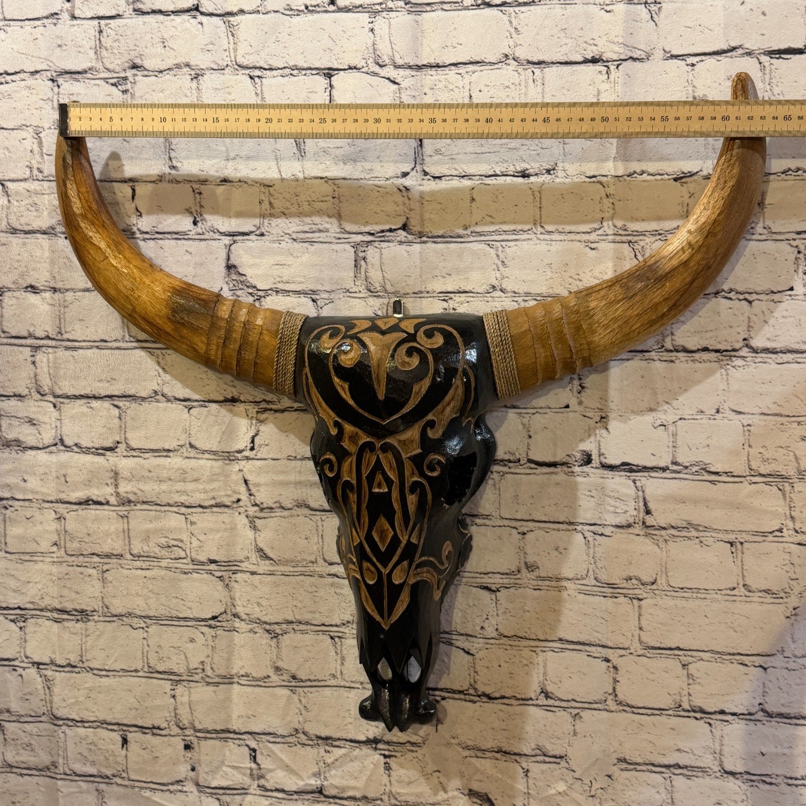 60cm x 60cm Brown Light Painted Wood Cow Skull Head Wall Mounted Art Shabby3