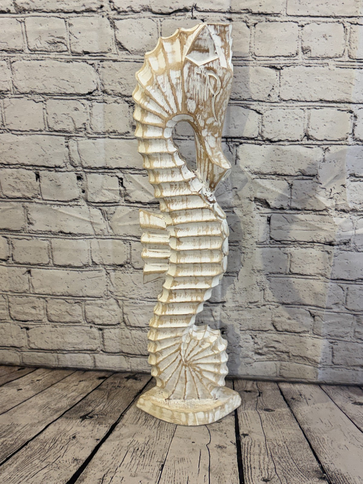 60cm White Wooden Shabby Seahorse Statue Ornament Fair Trade Handcarved3