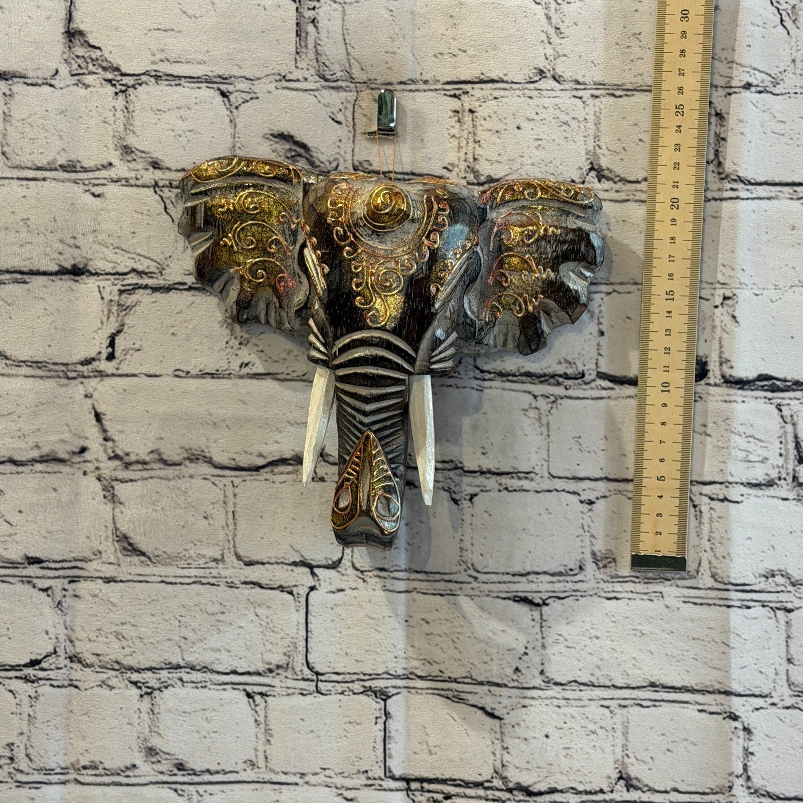 20cm x 20cm Brown Gold Painted Wood Elephant Head Wall Mounted Art Shabby4