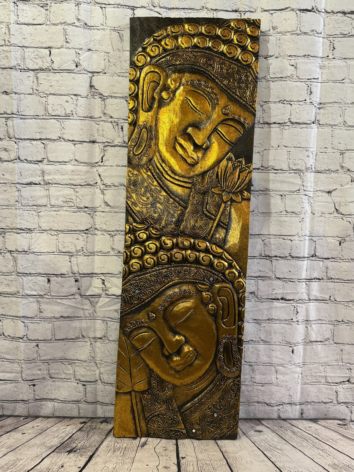 100cm x 30cm Tall Buddha 2 Faces Gold Wooden Wood Panel Wall Art Plaque0