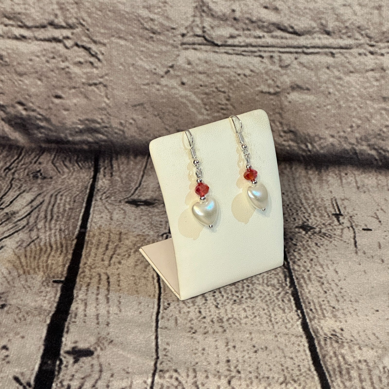 Red Crystal And White Heart Shaped Dangle Drop Earrings Handmade UK Jewellery2