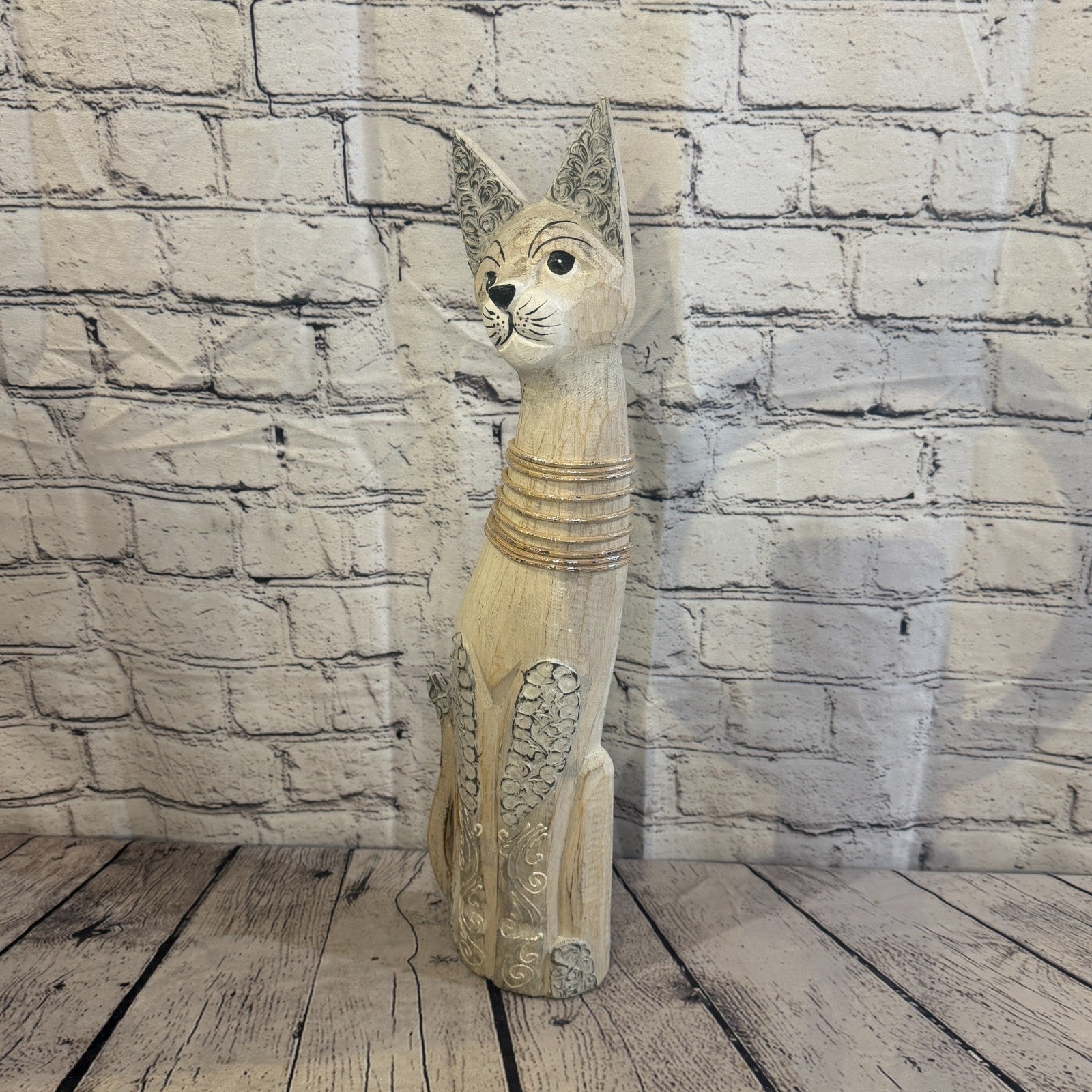 50cm White Silver Dots Wooden Shabby Cat Statue Ornament Fair Trade Handcarved1