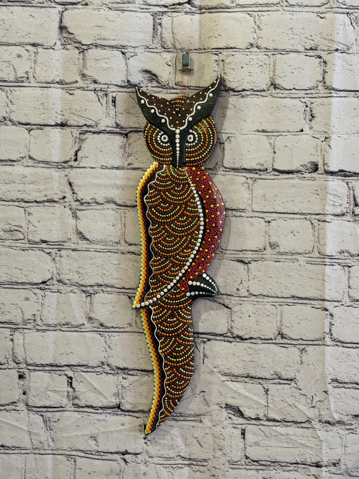 45cm Owl Bird Carved Wooden Dot Painted Ethnic Tribal Tiki Wall Art No 12