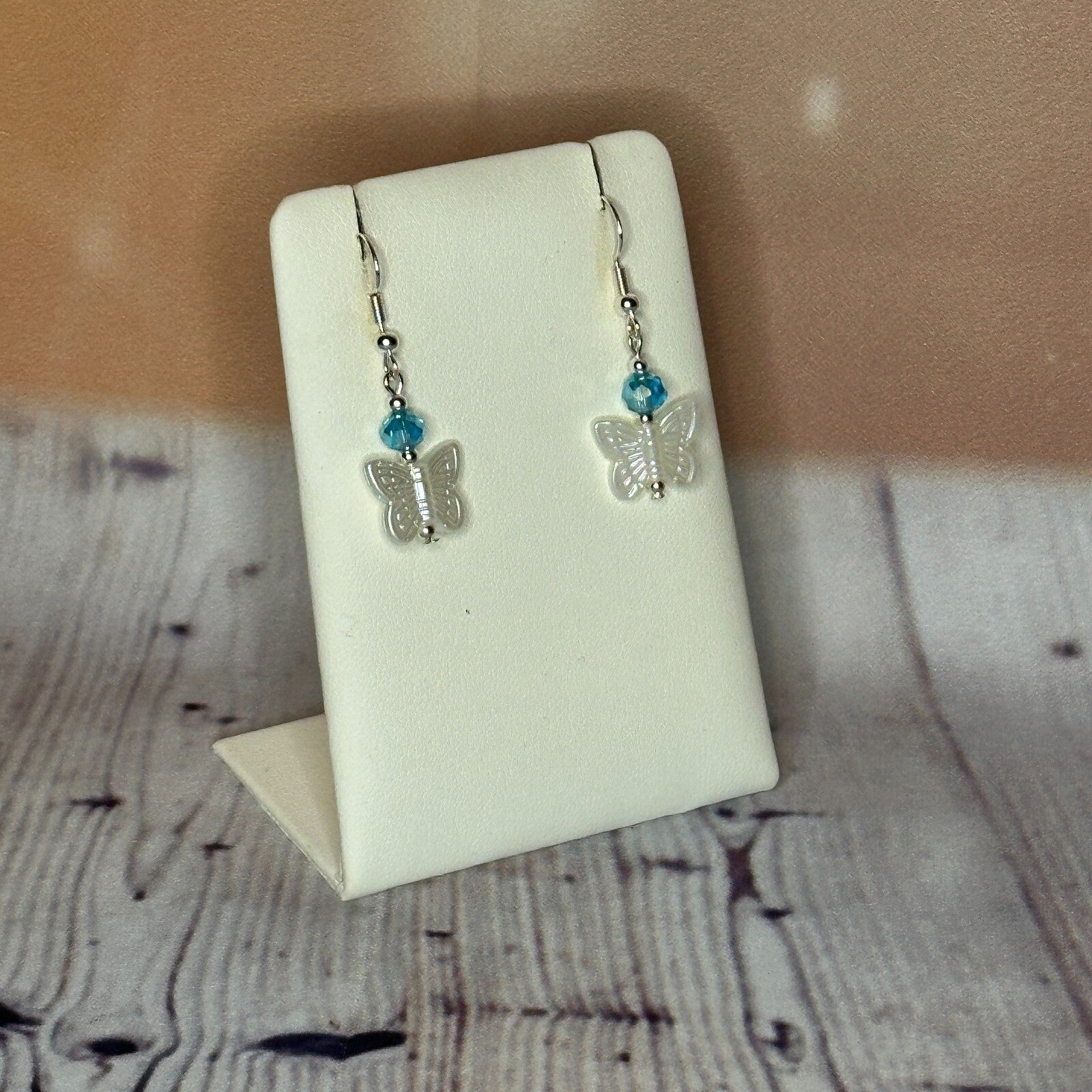 L Blue Crystal And White Butterfly Dangle Drop Earrings Handmade UK Jewellery2