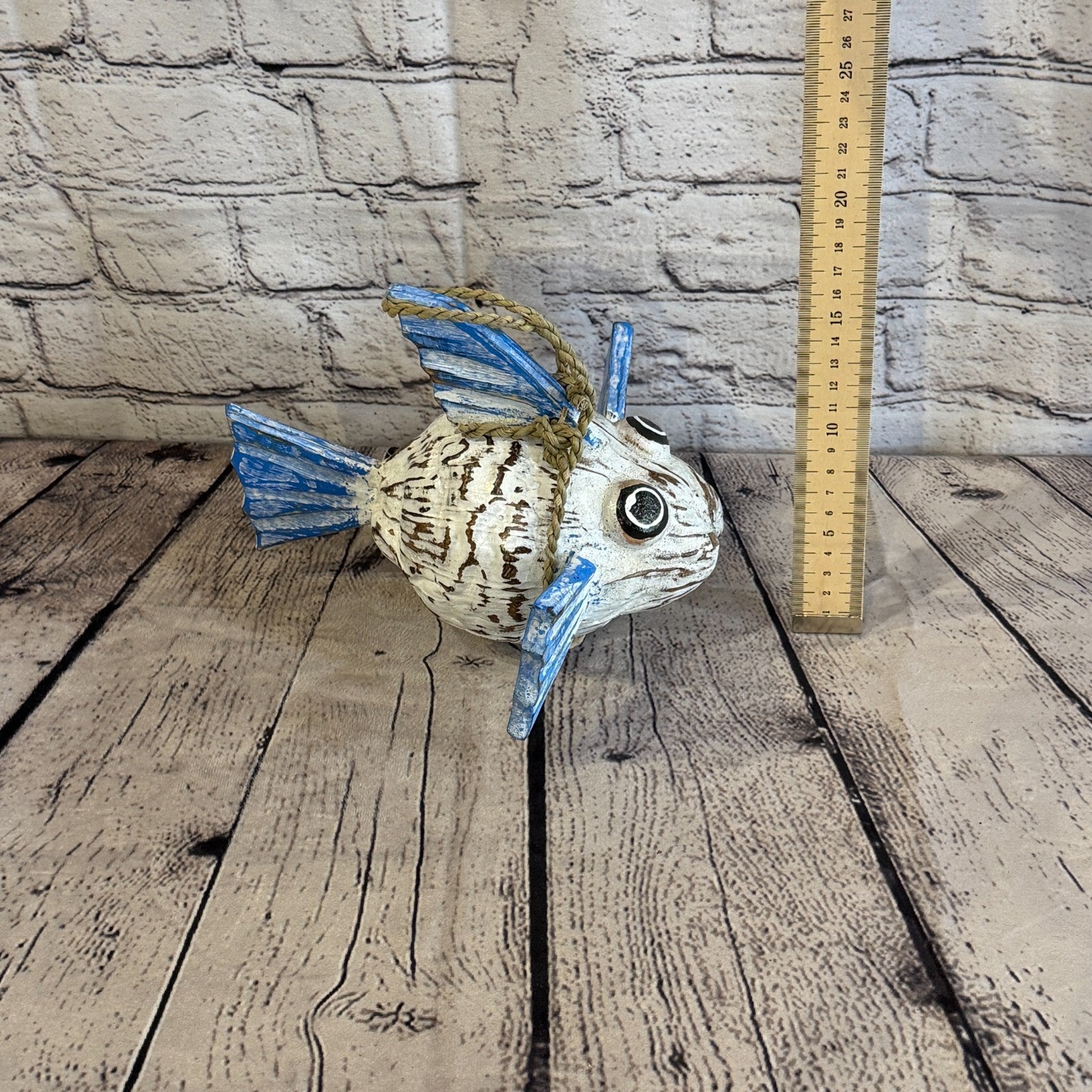 White Blue Fins Folk Art Painted Puffer Fish Coconut Shell Ornaments Hanging5