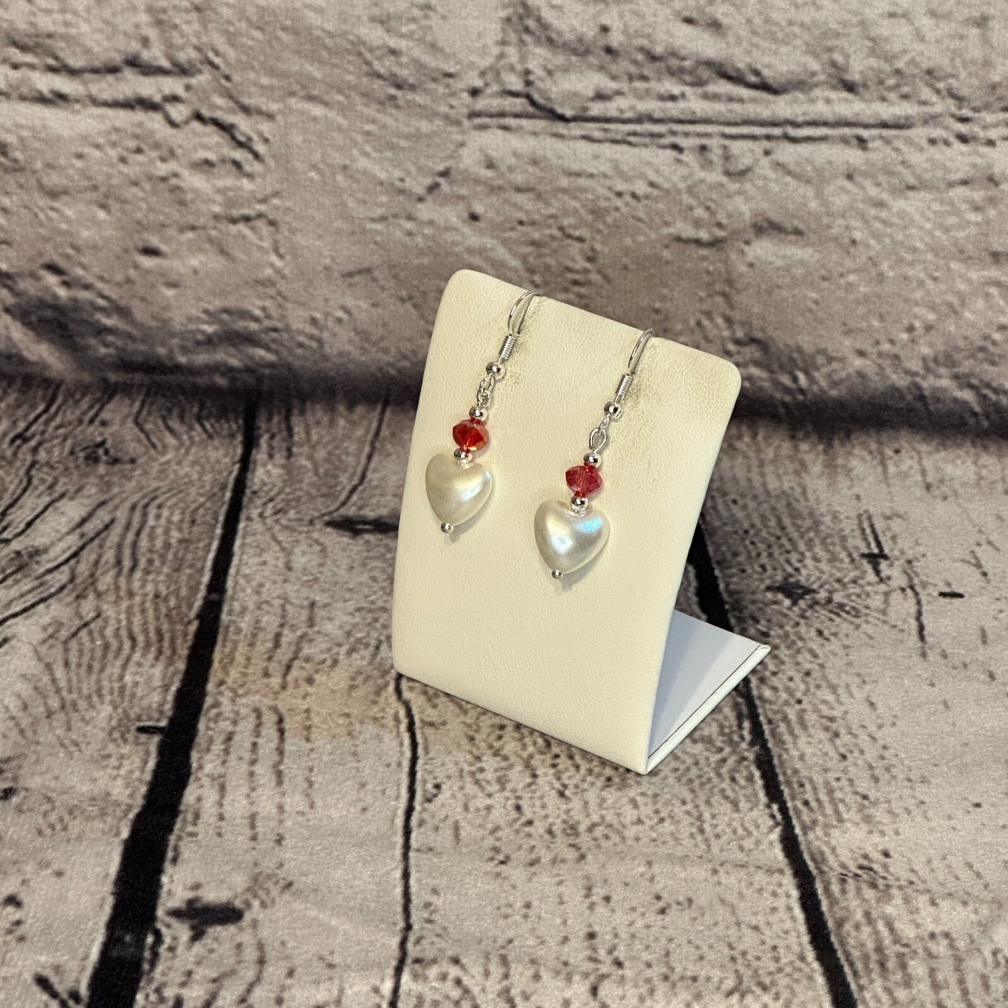 Red Crystal And White Heart Shaped Dangle Drop Earrings Handmade UK Jewellery1
