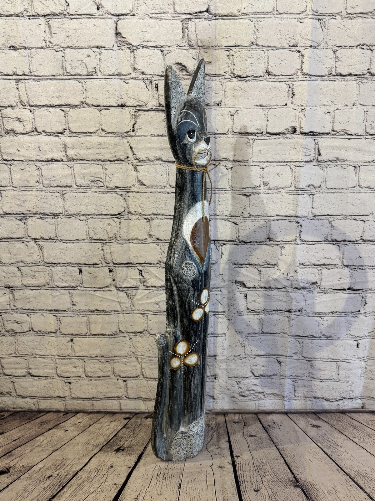 80cm Grey Silver Dots Wooden Shabby Cat Statue Ornament Fair Trade Handcarved2
