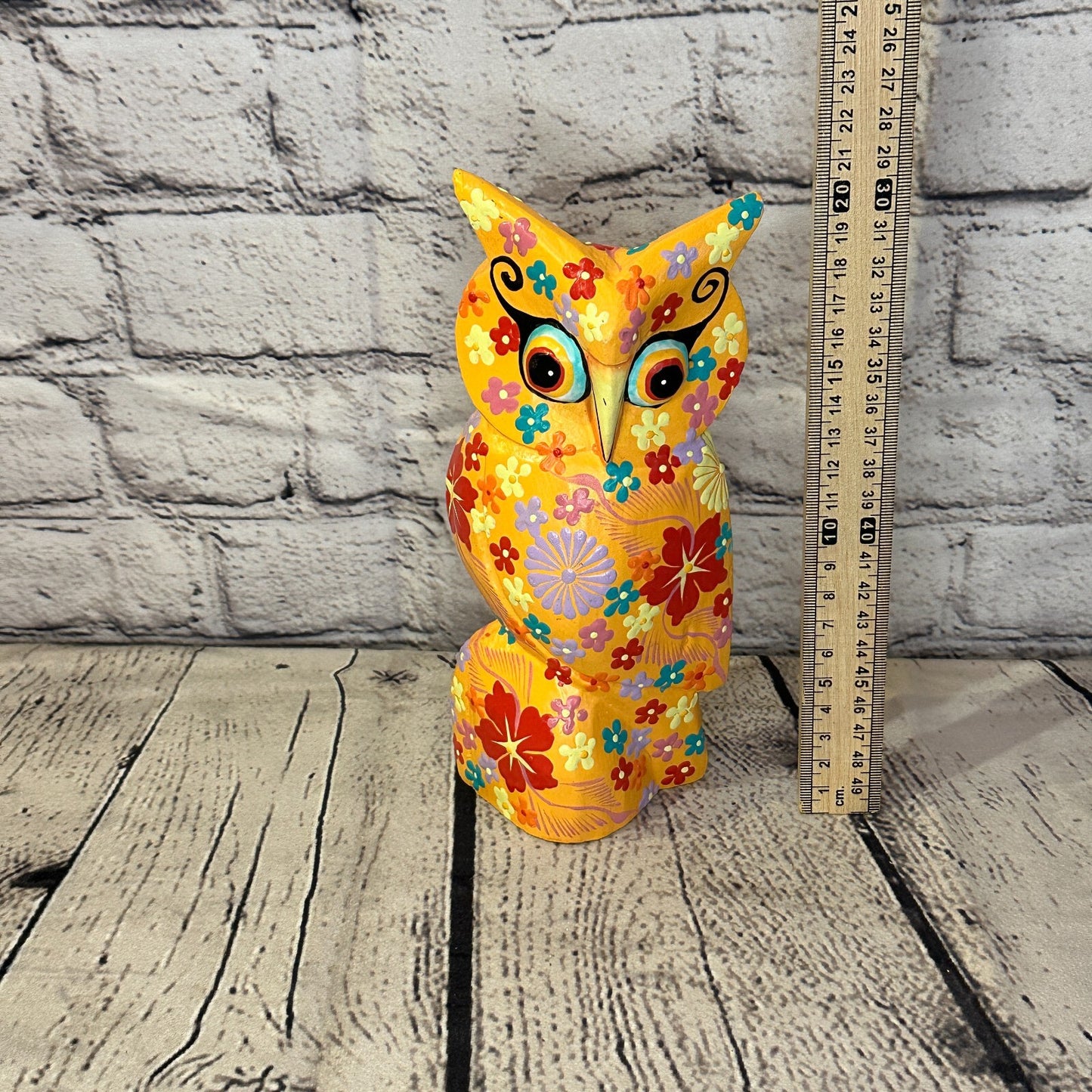 Orange Large Wooden Owl With Flower Pattern 20cm x 8cm Handmade and Fairtrade5