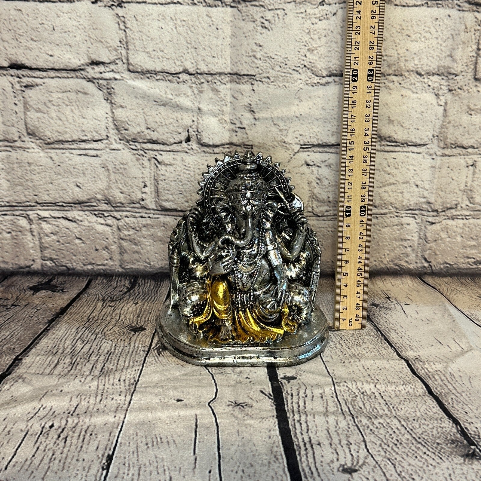 Silver And Gold 15cm Small Ganesh Ganesa Sitting On Seat Statue Resin Hindu5