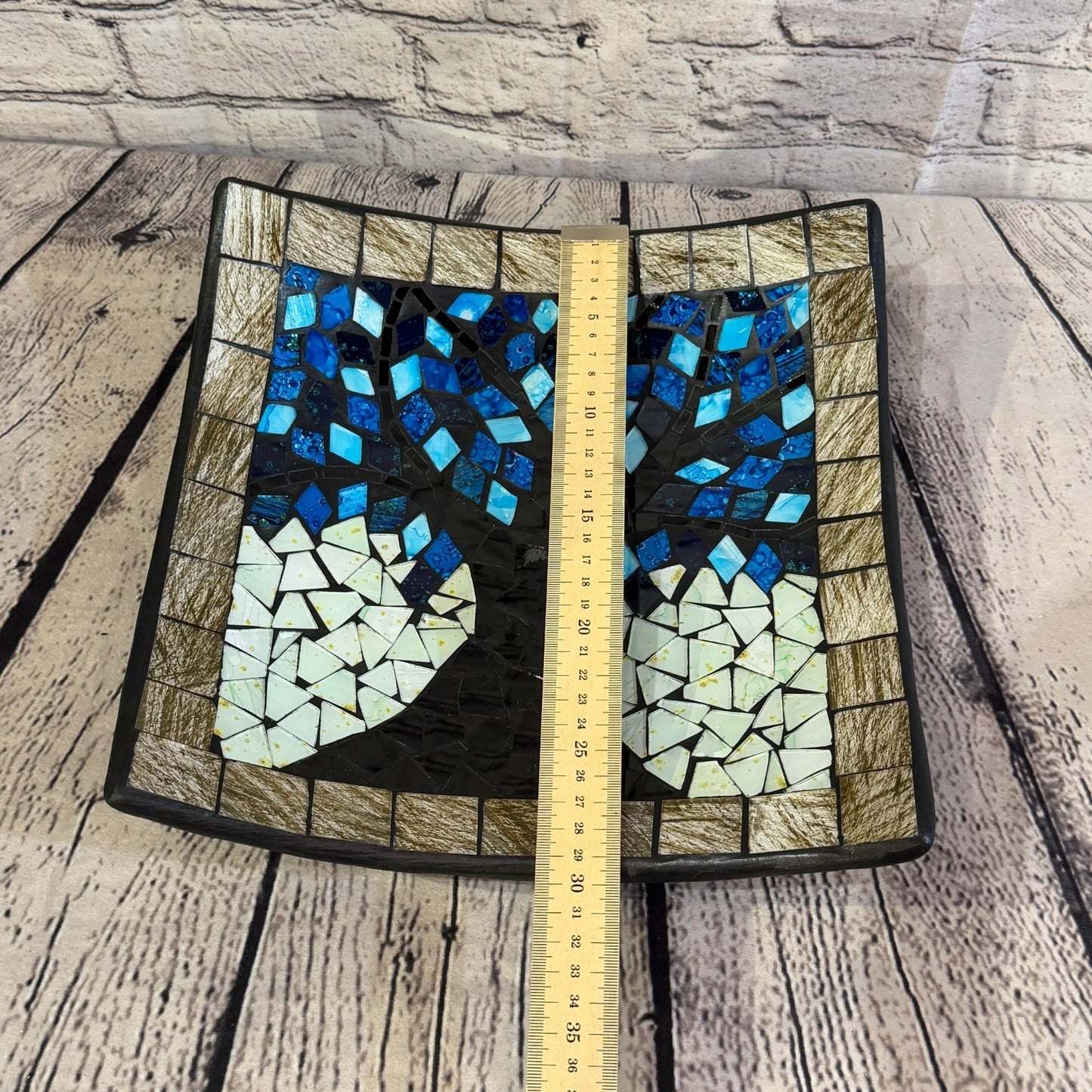 30cm Tree Of Life Blue Grey Square Mosaic Handmade Ceramic Glass Tile Bowl Fruit2