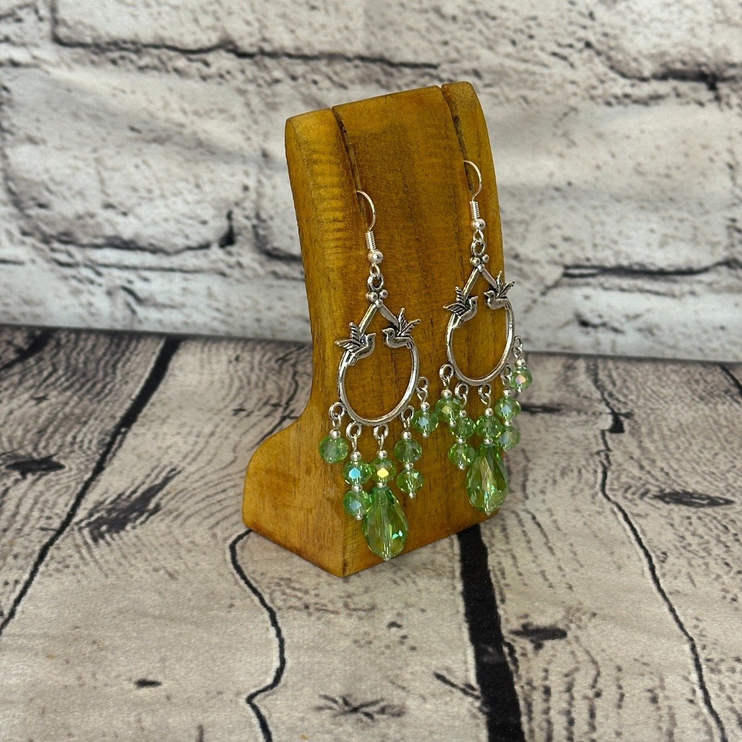 Green Drop Crystal Bird Dangle Drop Earrings Handmade UK Jewellery2