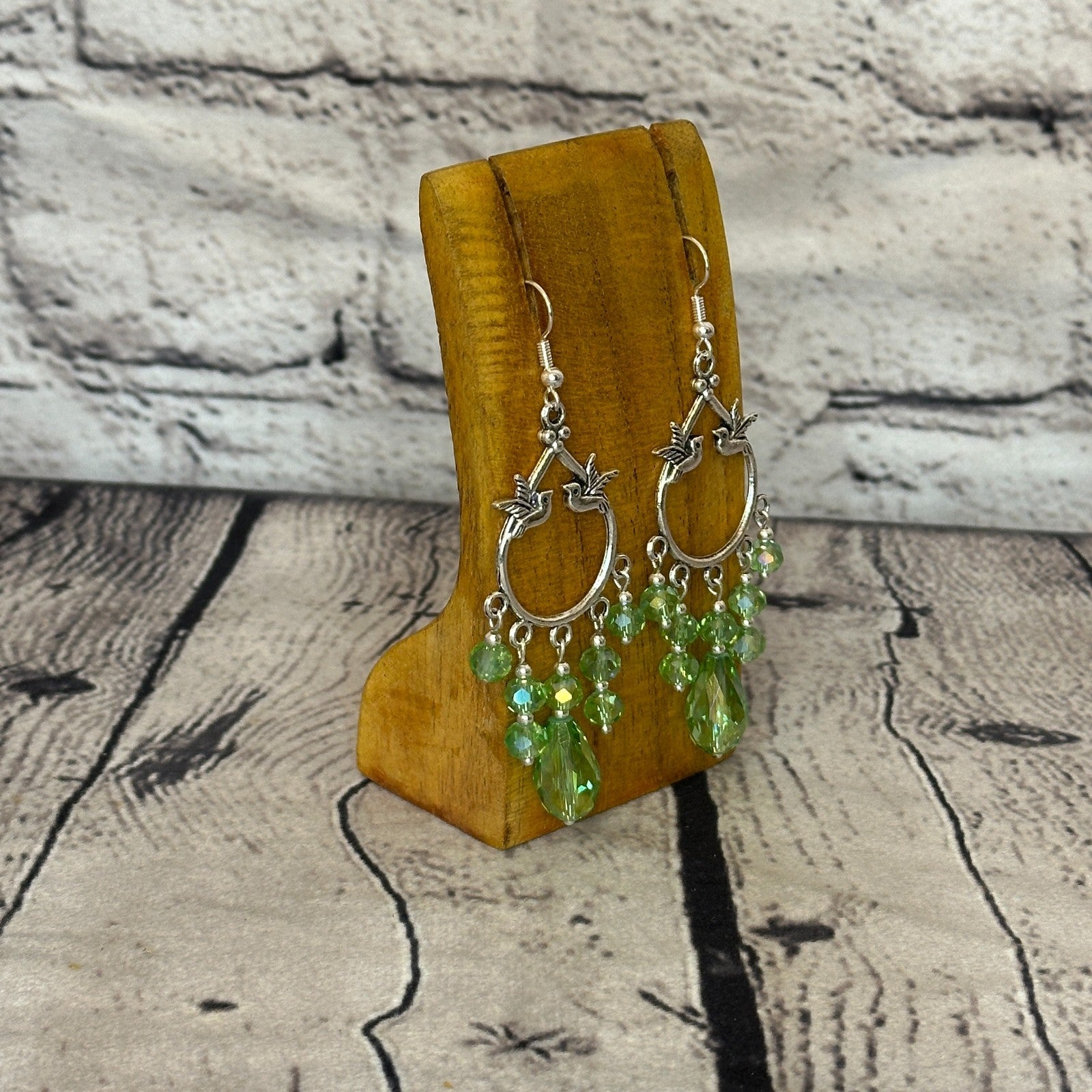 Green Drop Crystal Bird Dangle Drop Earrings Handmade UK Jewellery2