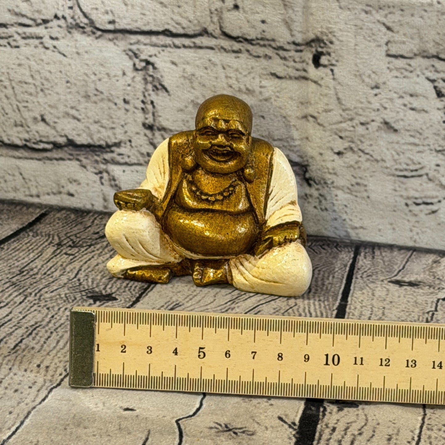 Cream & Bronze 10cm x 10cm Small Chinese Buddha Sitting On Lotus Statue Resin6